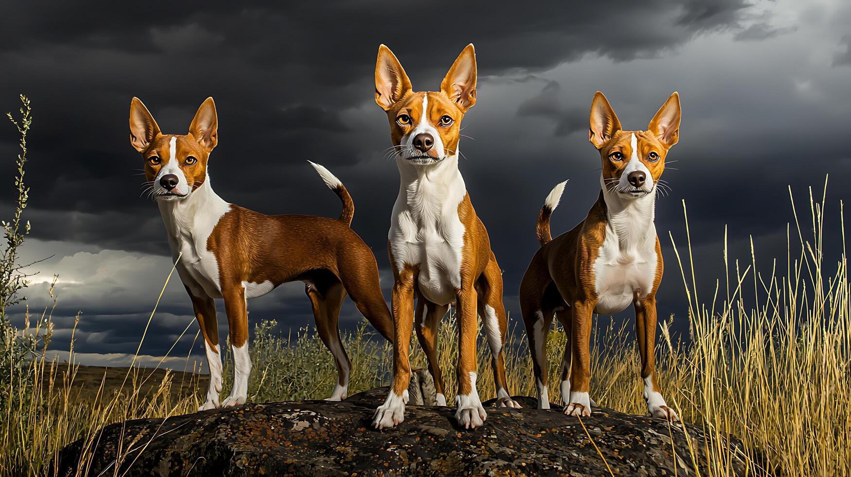 Three Basenji Dogs Stand Tall Against a Dramatic Sky. photo