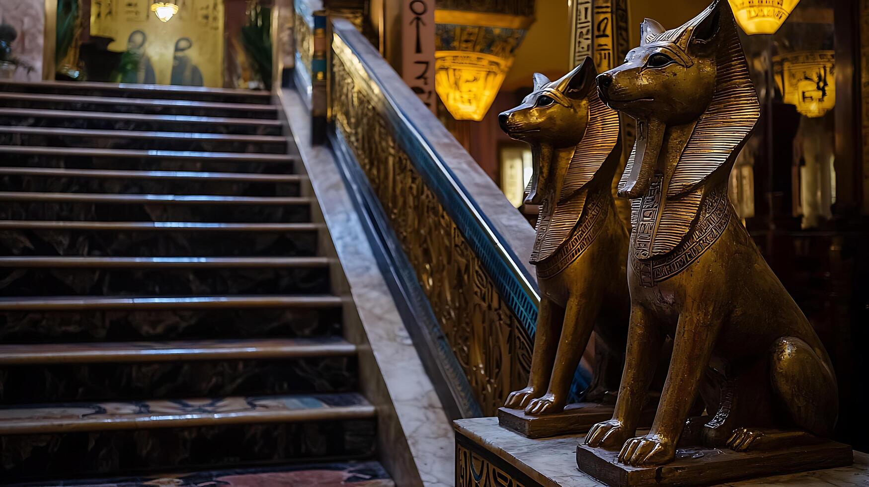 Ancient Egyptian Statues Guard Grand Staircase with Hieroglyphic Detail. photo