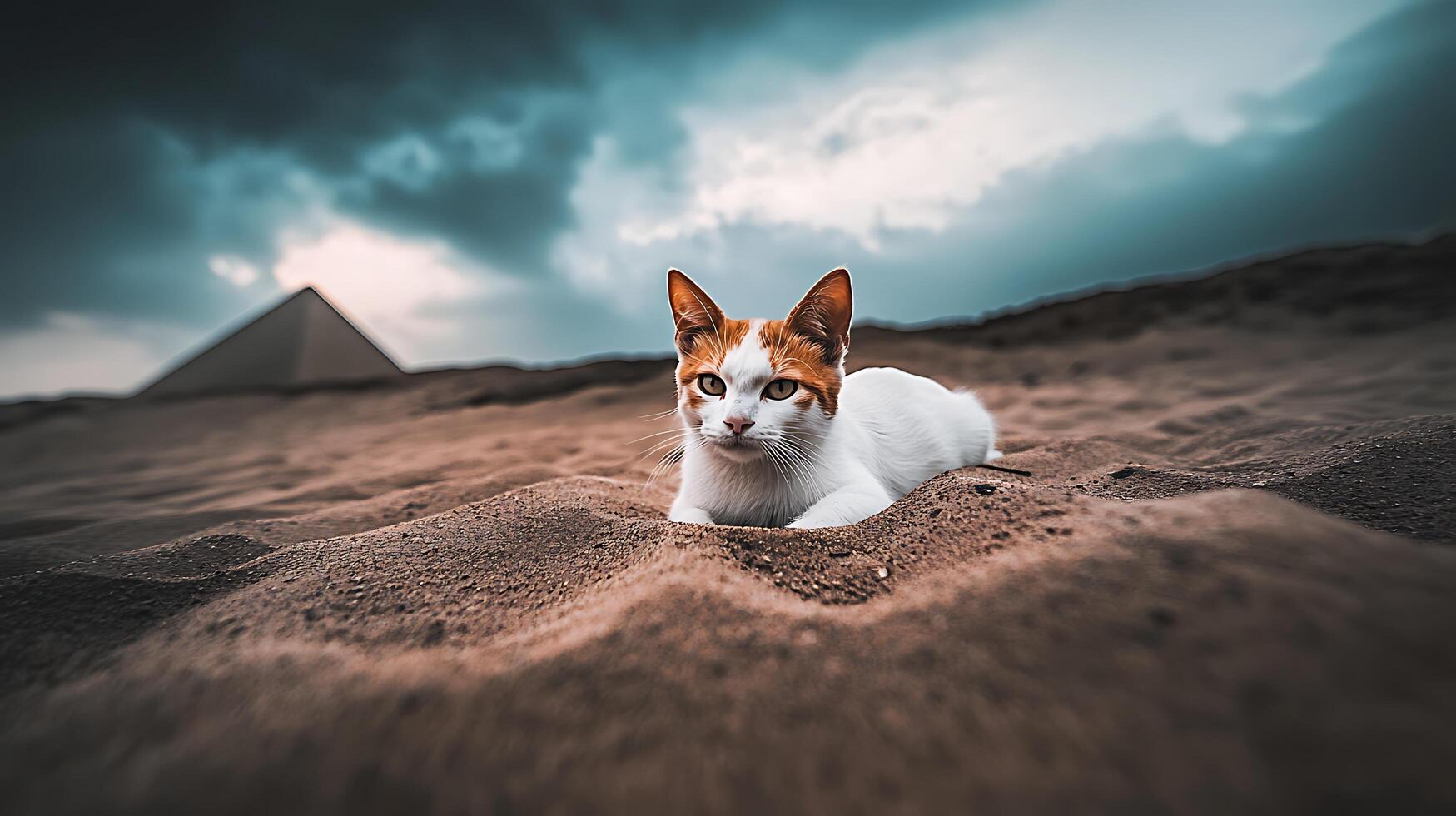 Orange and White Cat Resting on Sand with Pyramids in the Background. photo