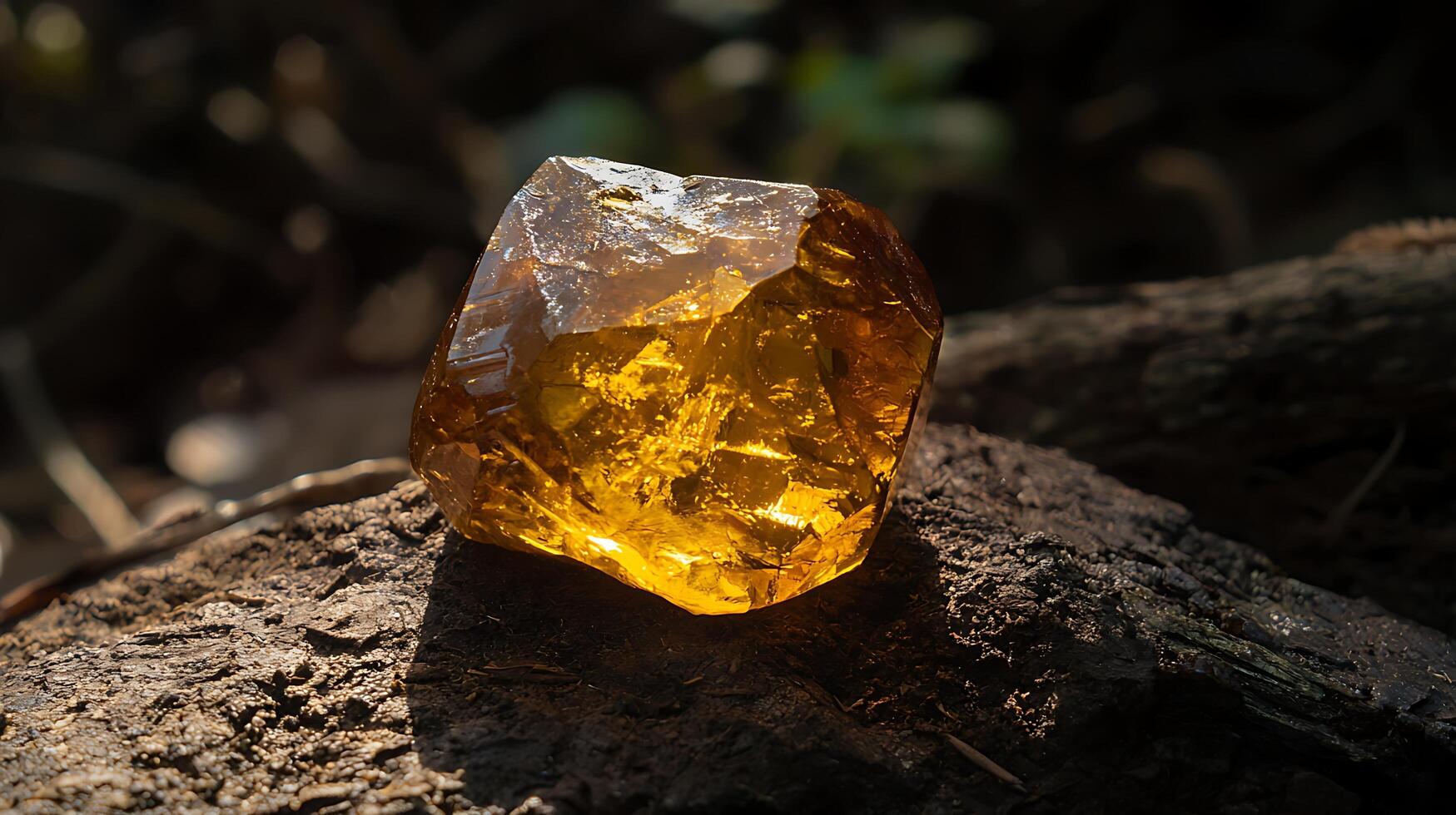 A Glowing Amber Gemstone Resting on a Dark, Textured Natural Surface. photo