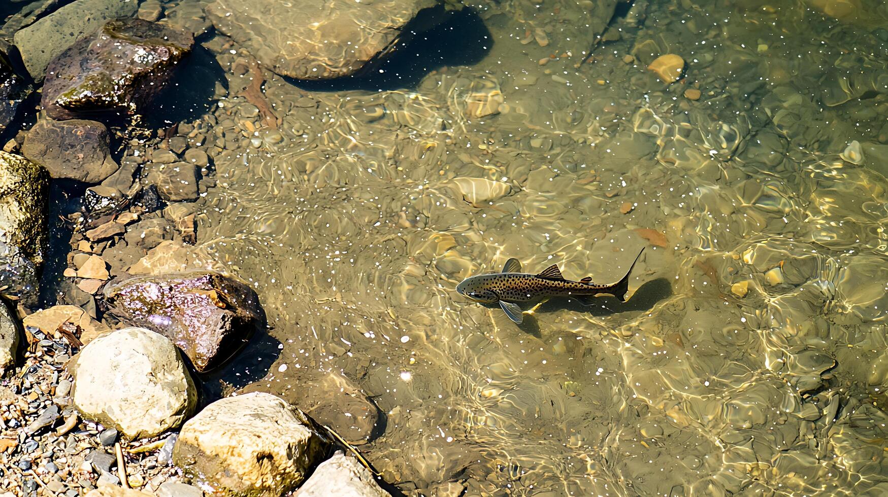 Lone Trout Swims in Clear Water Over Rocky Riverbed. photo
