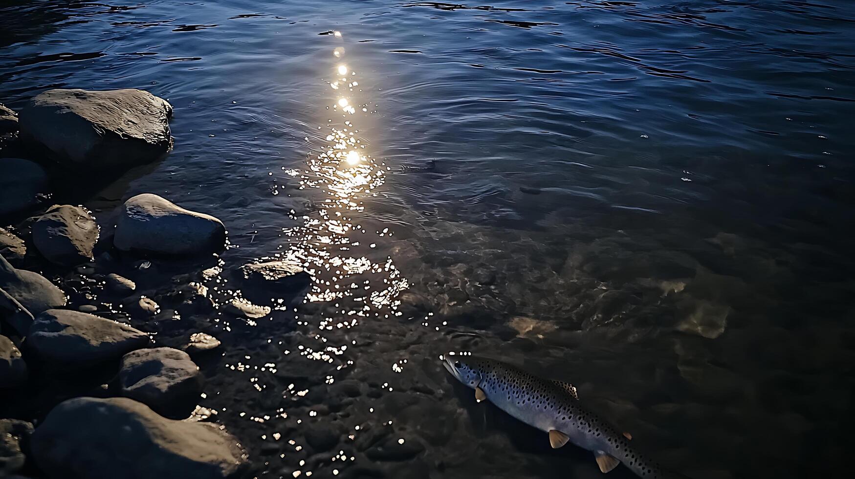 A Lone Fish Swims in the Rippling Water Under the Sun's Glow. photo