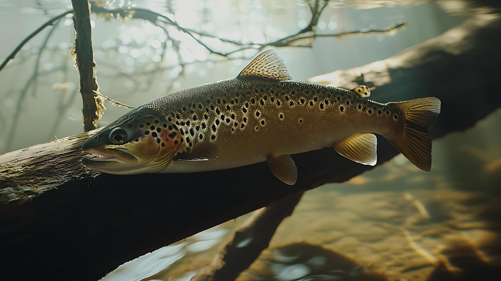 A Beautiful Trout Swims Beside a Fallen Log in a Clear River. photo