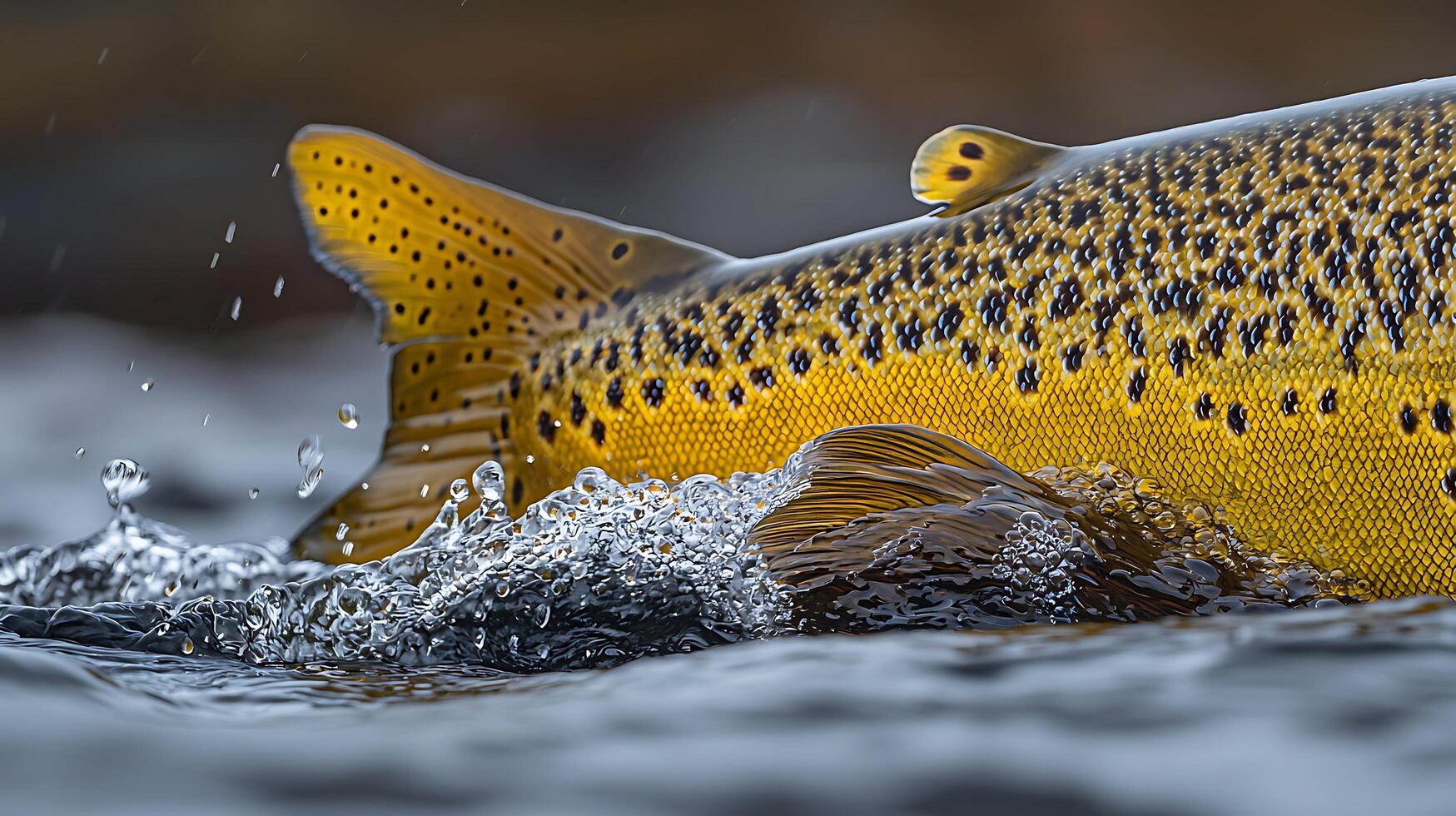 Close up of a big trout swimming in clear river water, splashing. photo