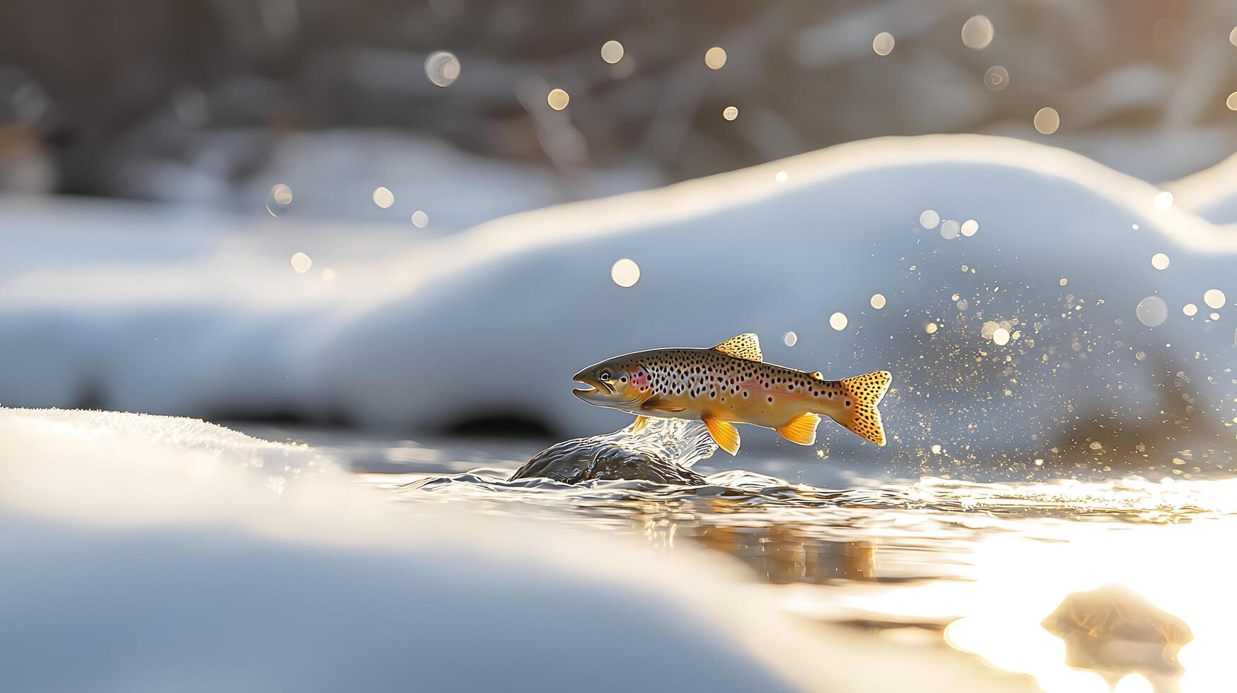 Majestic Trout Leaps Through Winter Waters During Golden Hour. photo