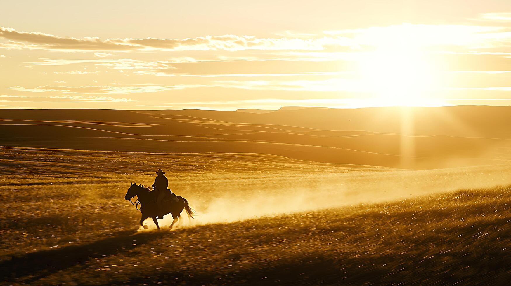 Lone cowboy rides horse through dusty golden prairie at sunset. photo