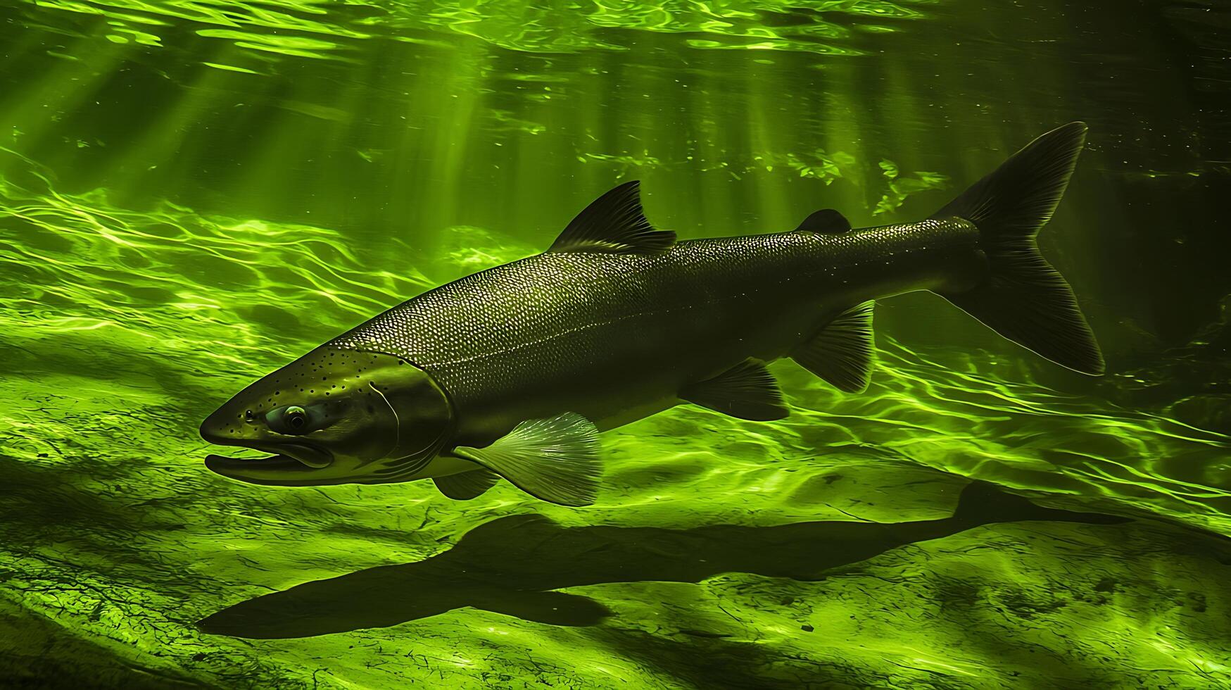 Majestic Salmon Swims Through Sunlit Underwater Forest. photo