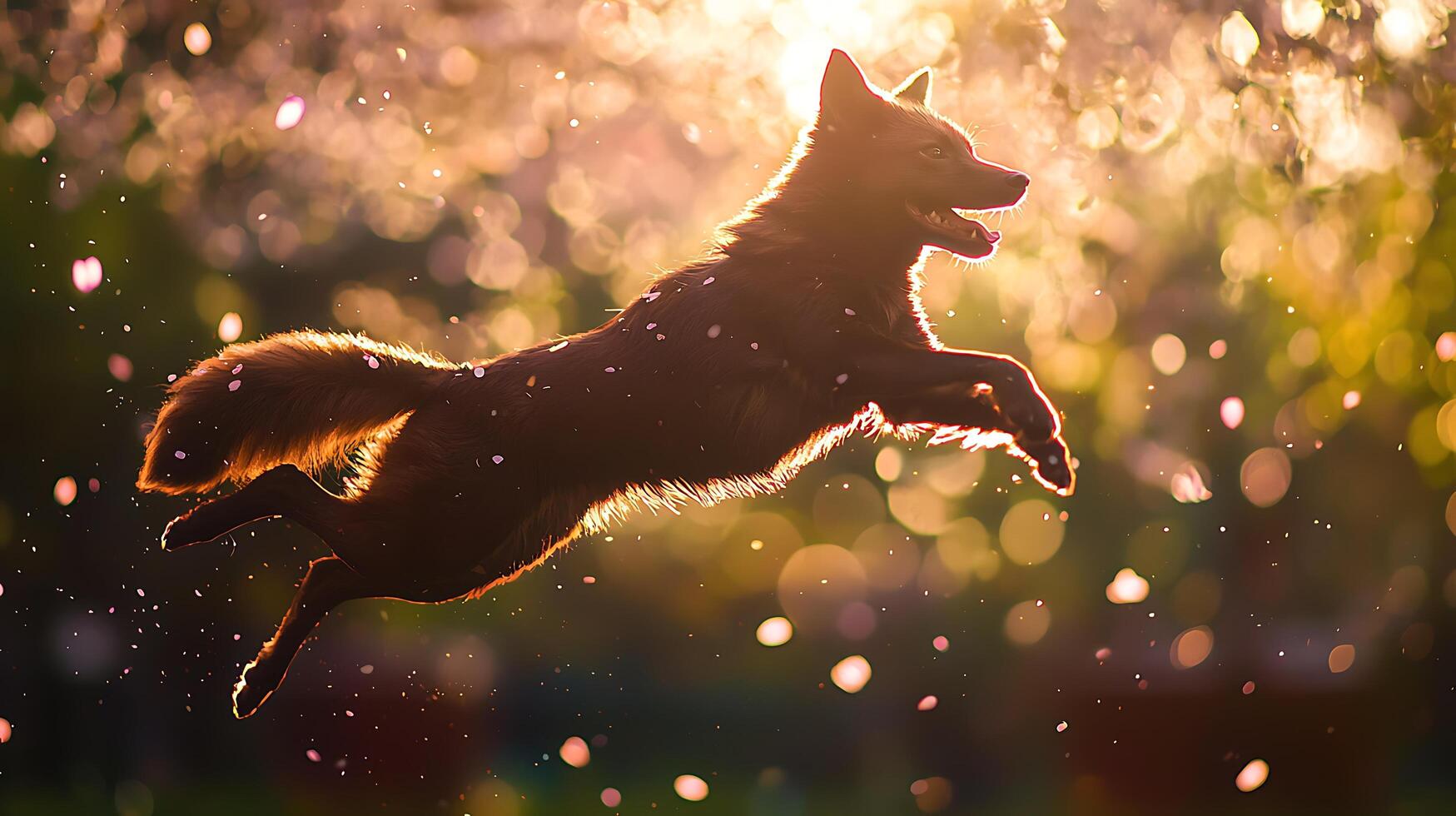 Joyful dog leaps through sunlit blossoms in golden hour light. photo