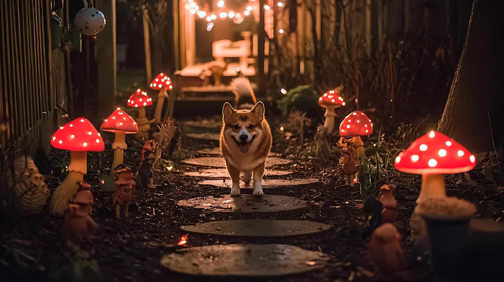 Happy Corgi Walks Through A Magical Garden Path At Night photo