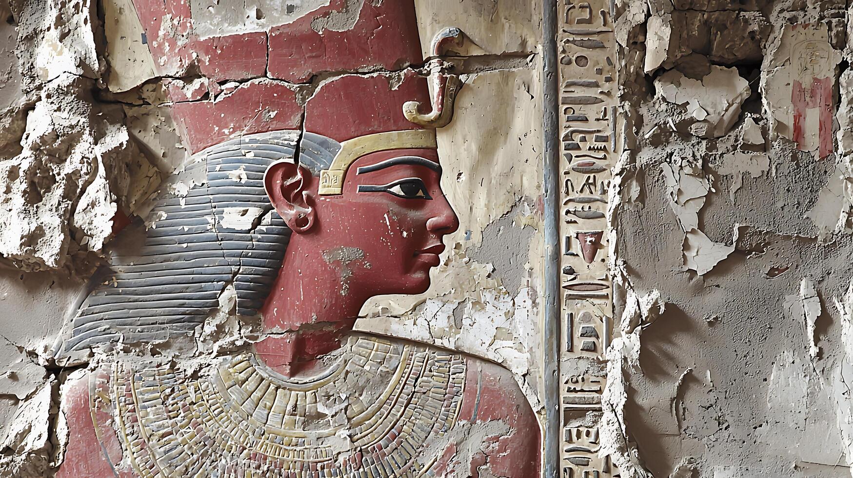 Ancient Egyptian Hieroglyphics and Pharaoh Portrait Carving on Ruined Wall. photo