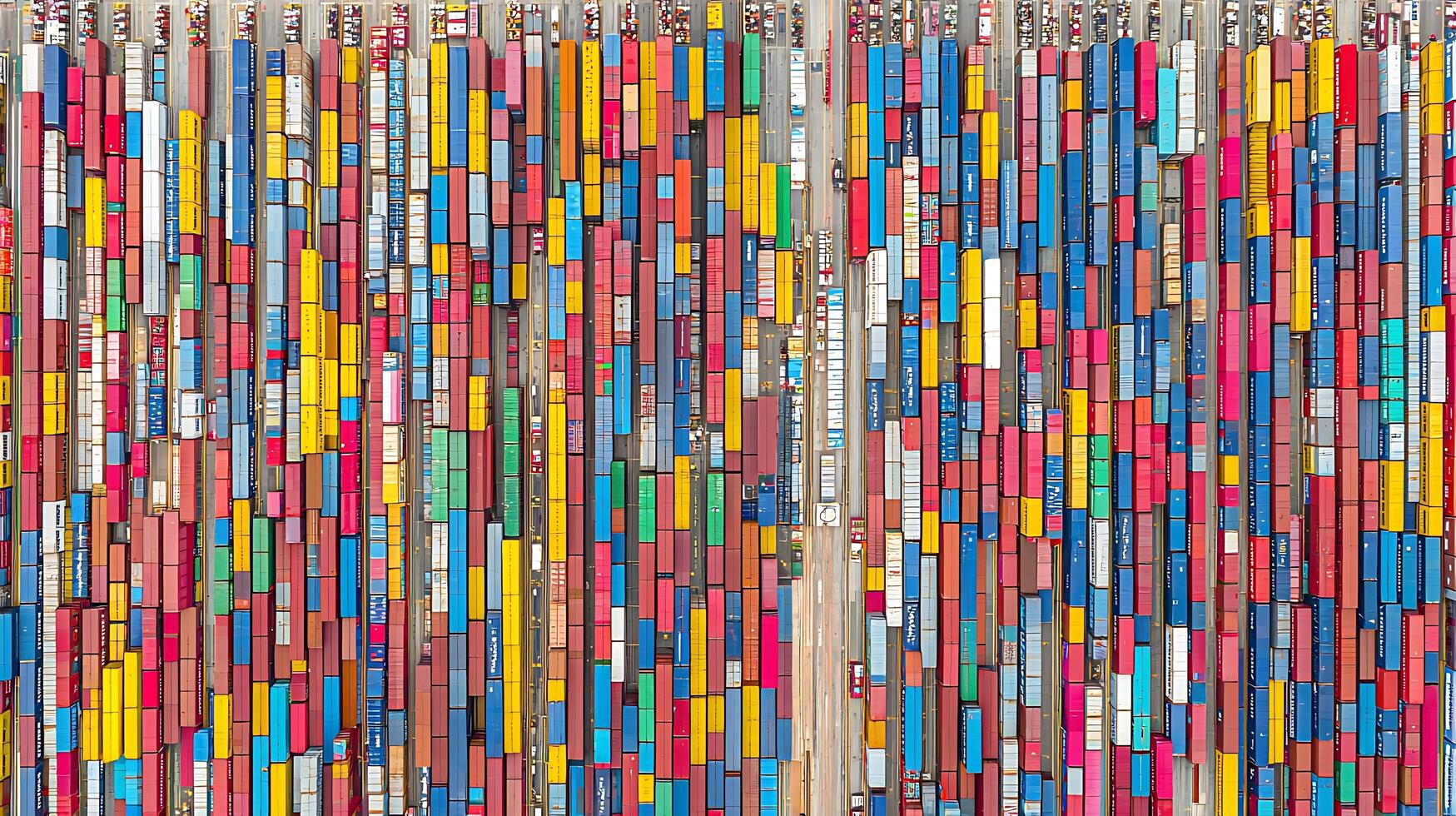 Vibrant Rainbow Rows of Shipping Containers Stacked High Globally. photo