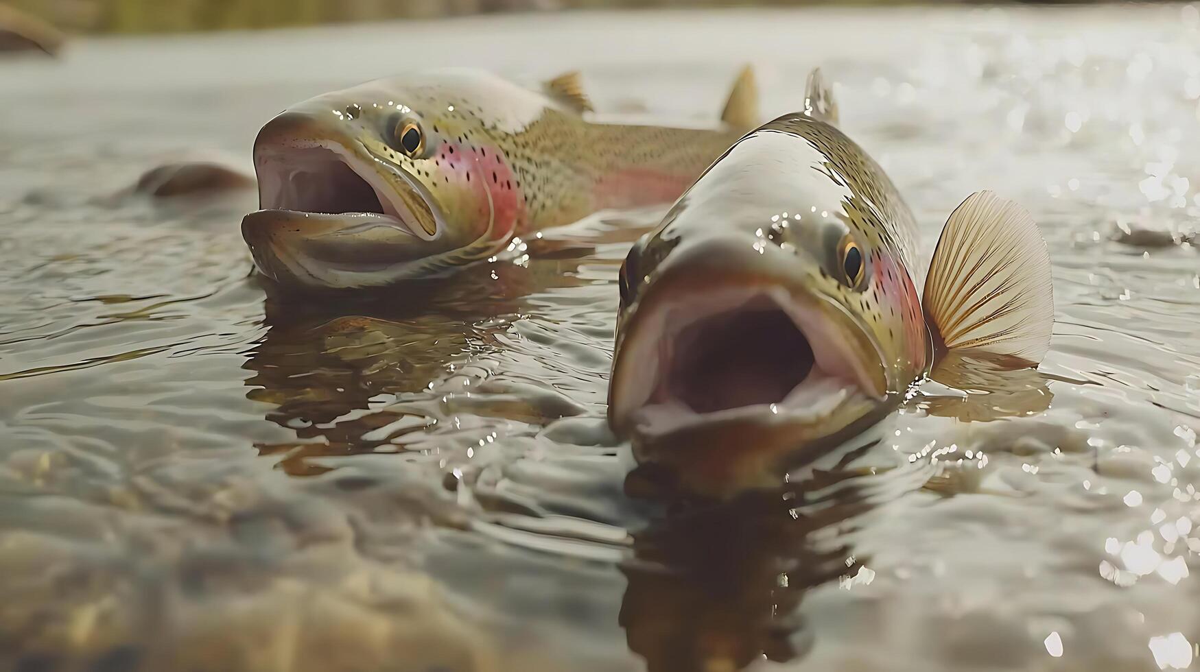 Two Rainbow Trout Gasping in Shallow Water with Bright Reflections. photo