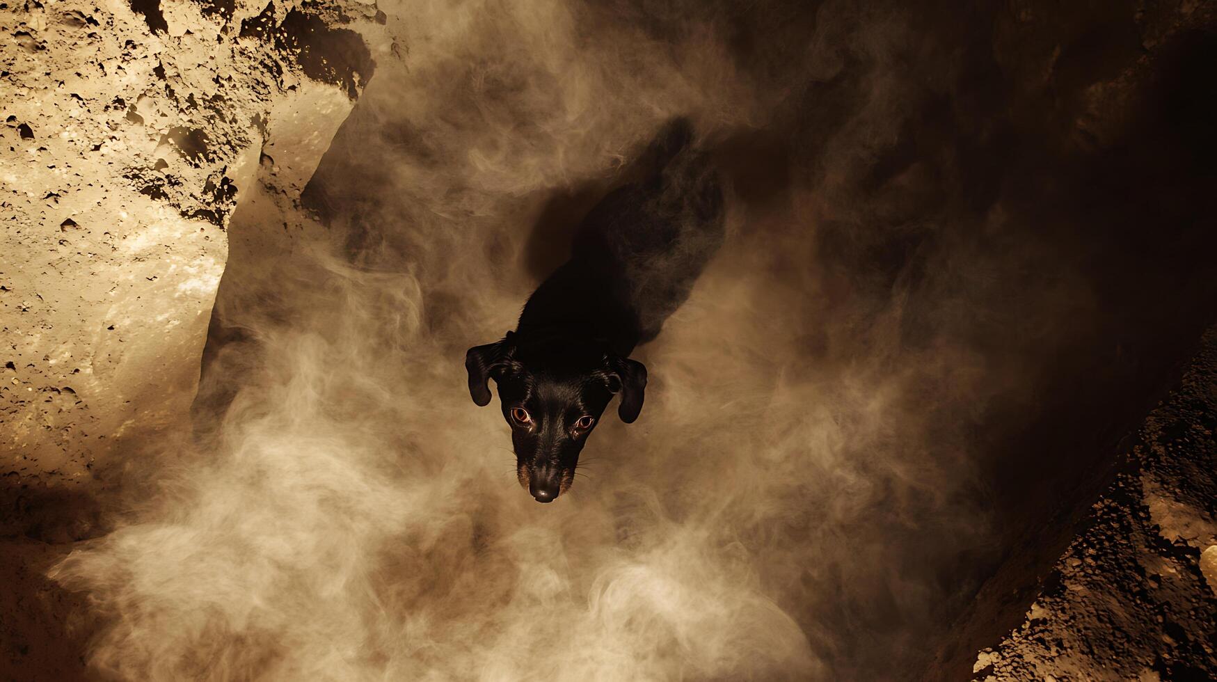 Mysterious Black Dog Emerges from Ethereal Smoky Cave Landscape. photo