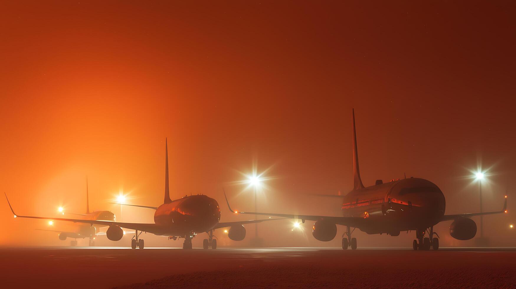 Airplanes Waiting in Foggy Orange Airport at Night. photo