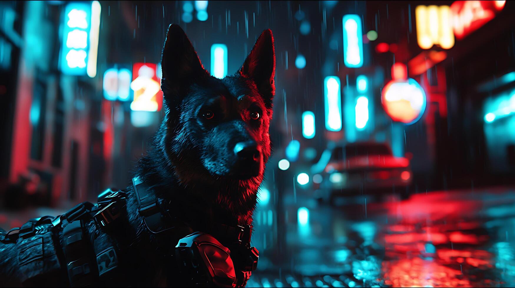 A loyal canine companion braves the neon city rain in tactical gear. photo