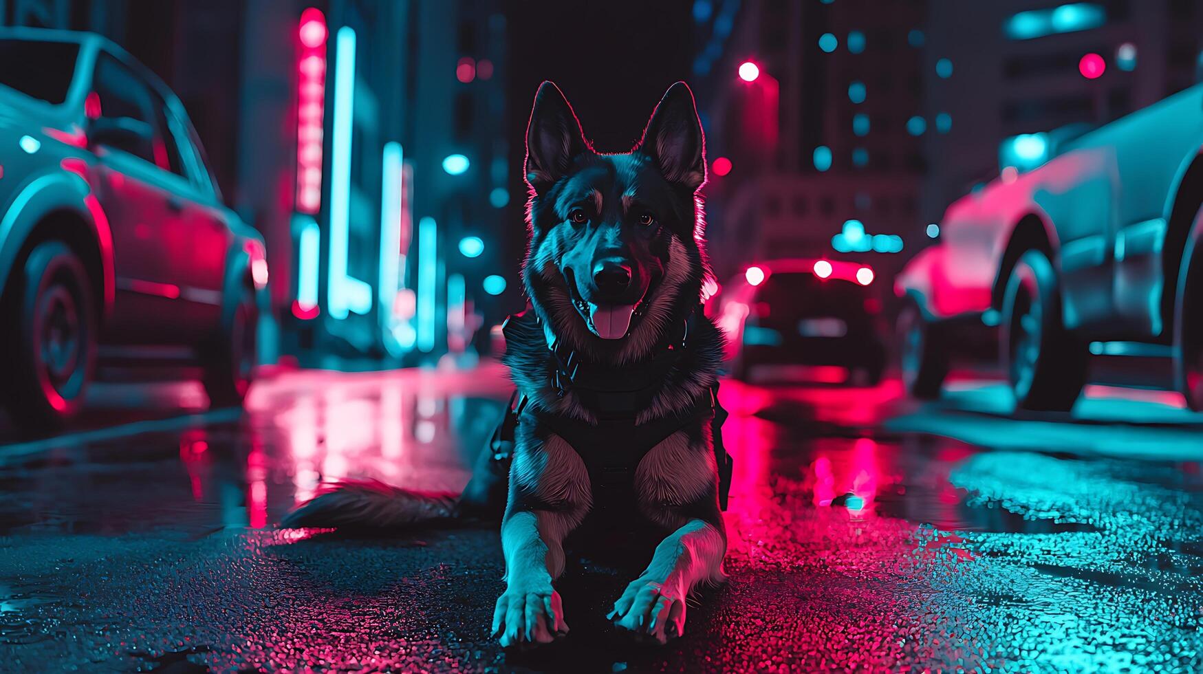 German Shepherd in Neon City Night Lights, Wet Pavement. photo