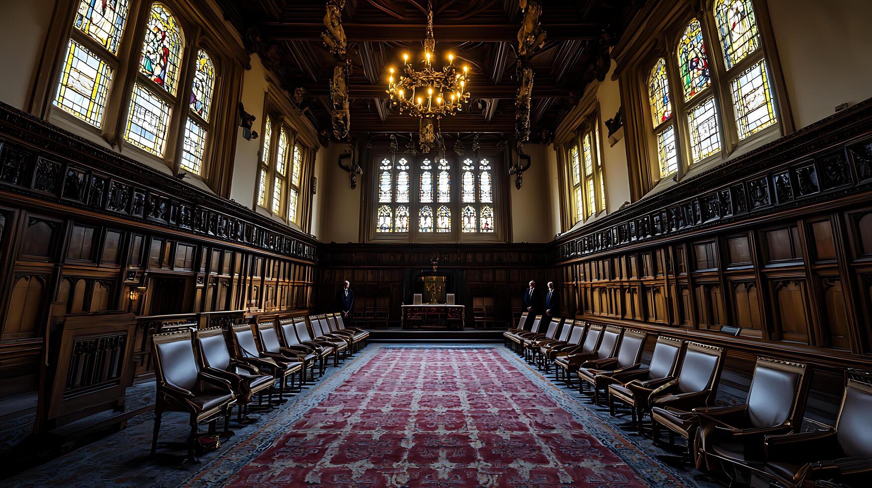 Majestic Hall with Stained Glass and Elegant Chairs. photo