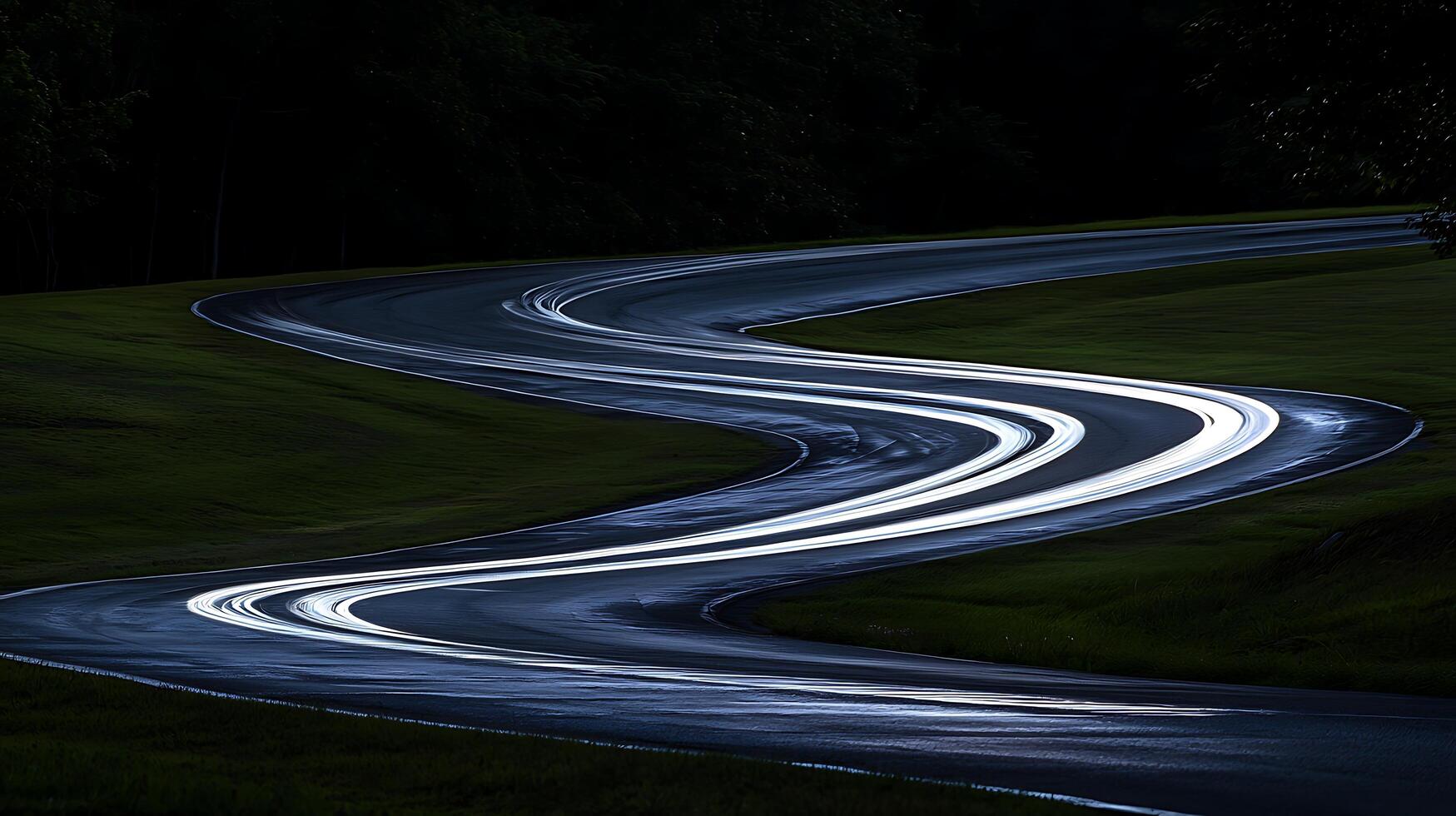 Winding Road at Night with Streaking Lights Creating Motion Blur Effect. photo