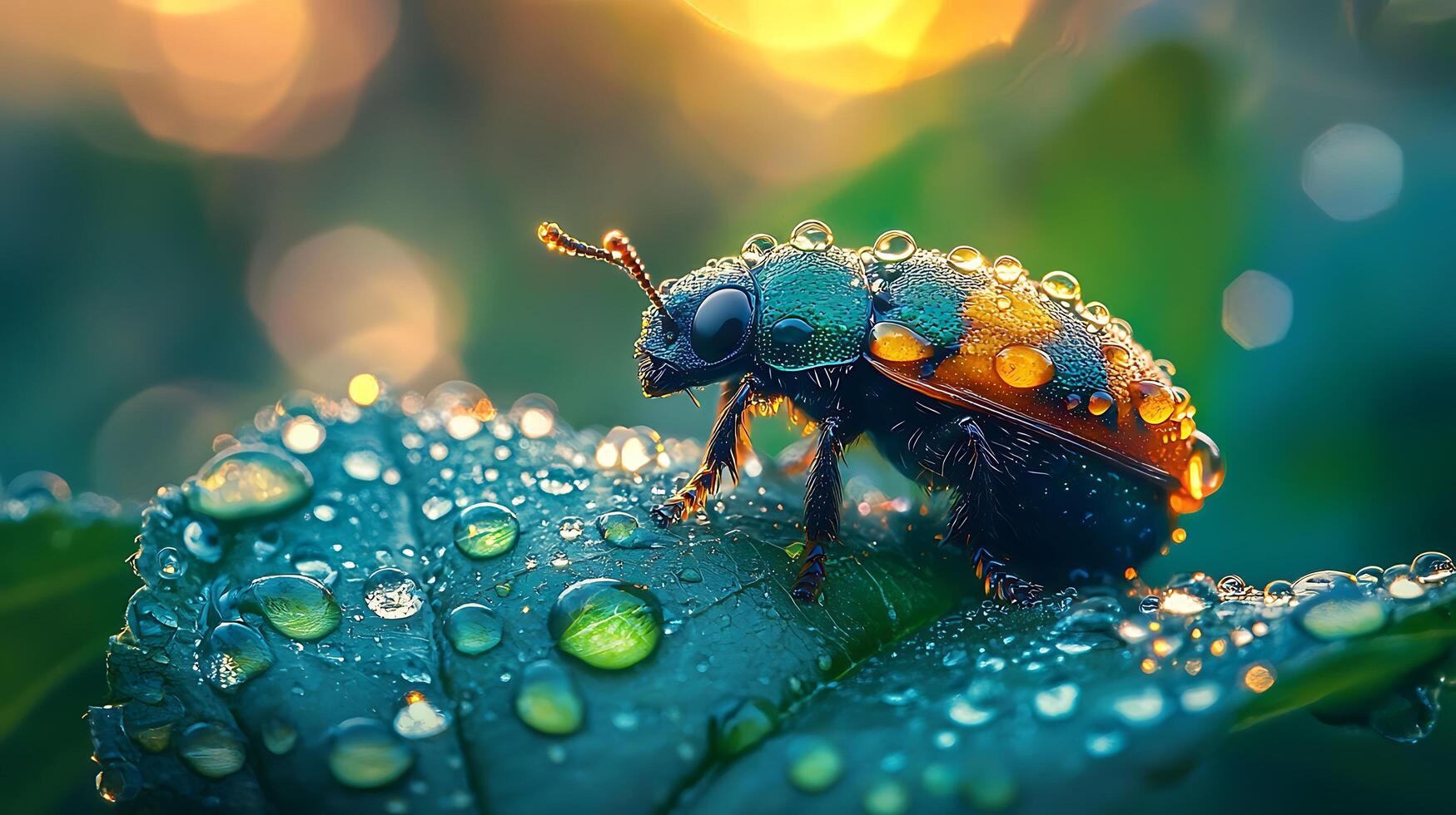 Tiny Jewel Beetle Covered in Dewdrops on a Green Leaf at Sunrise. photo