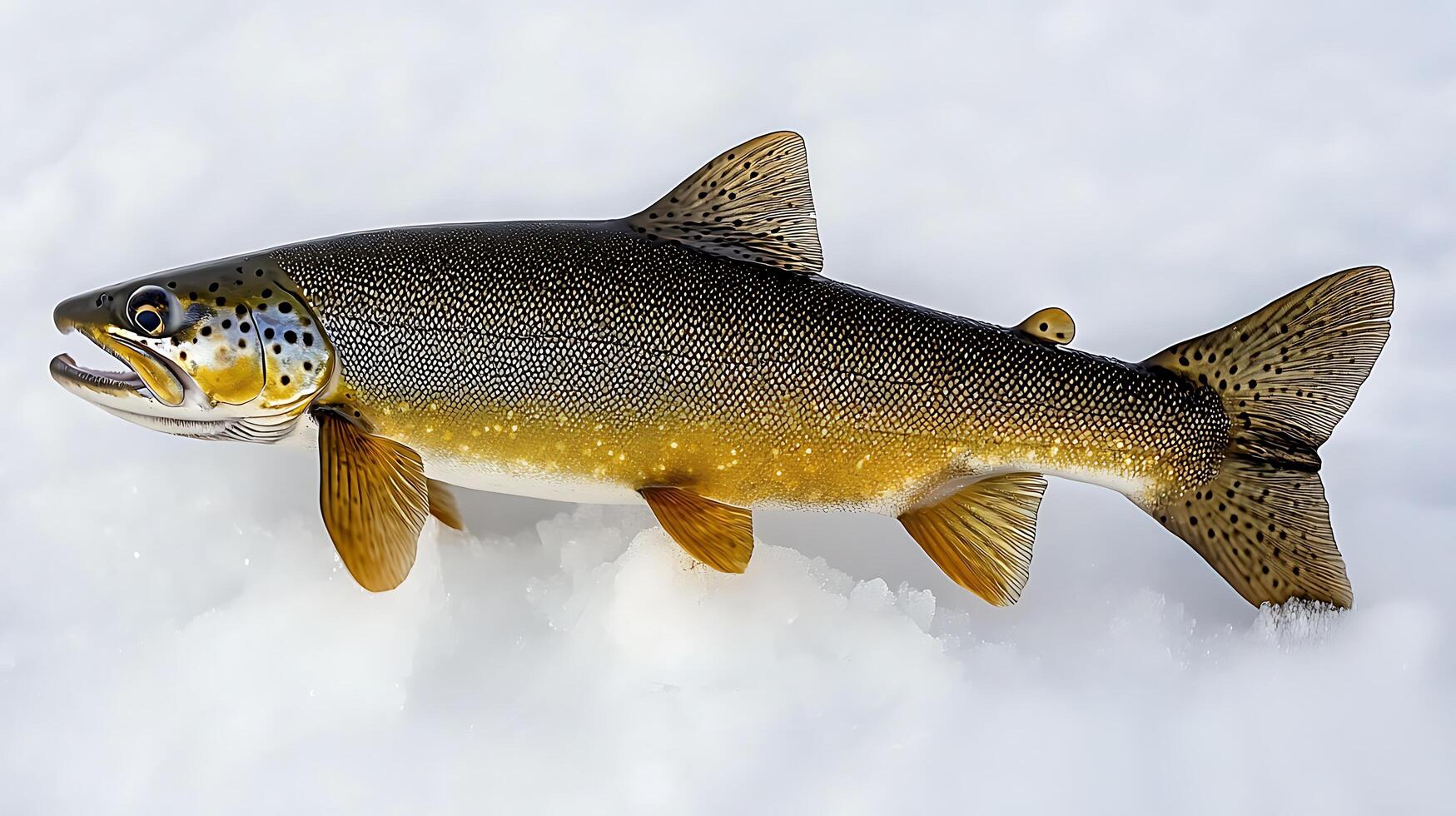 Stunning Brown Trout Fish Resting on a Bed of Fresh Snow. photo