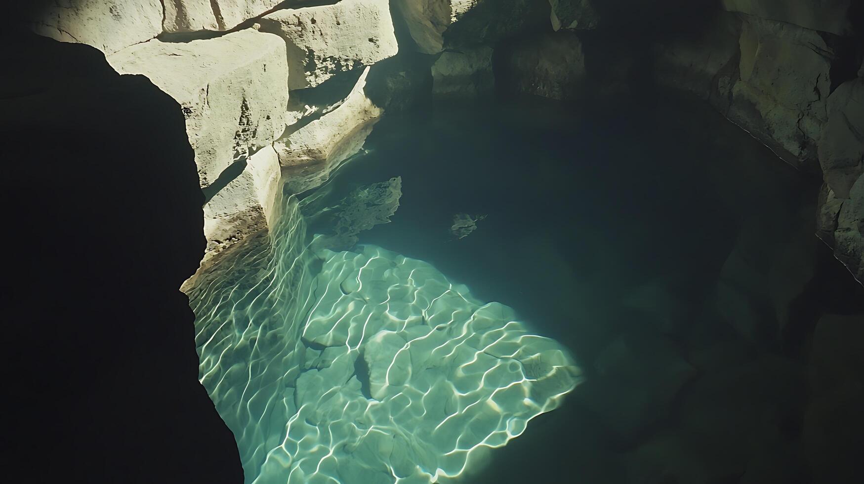 Sunlit Water Ripples on Rocky Cave Pool Surface. photo