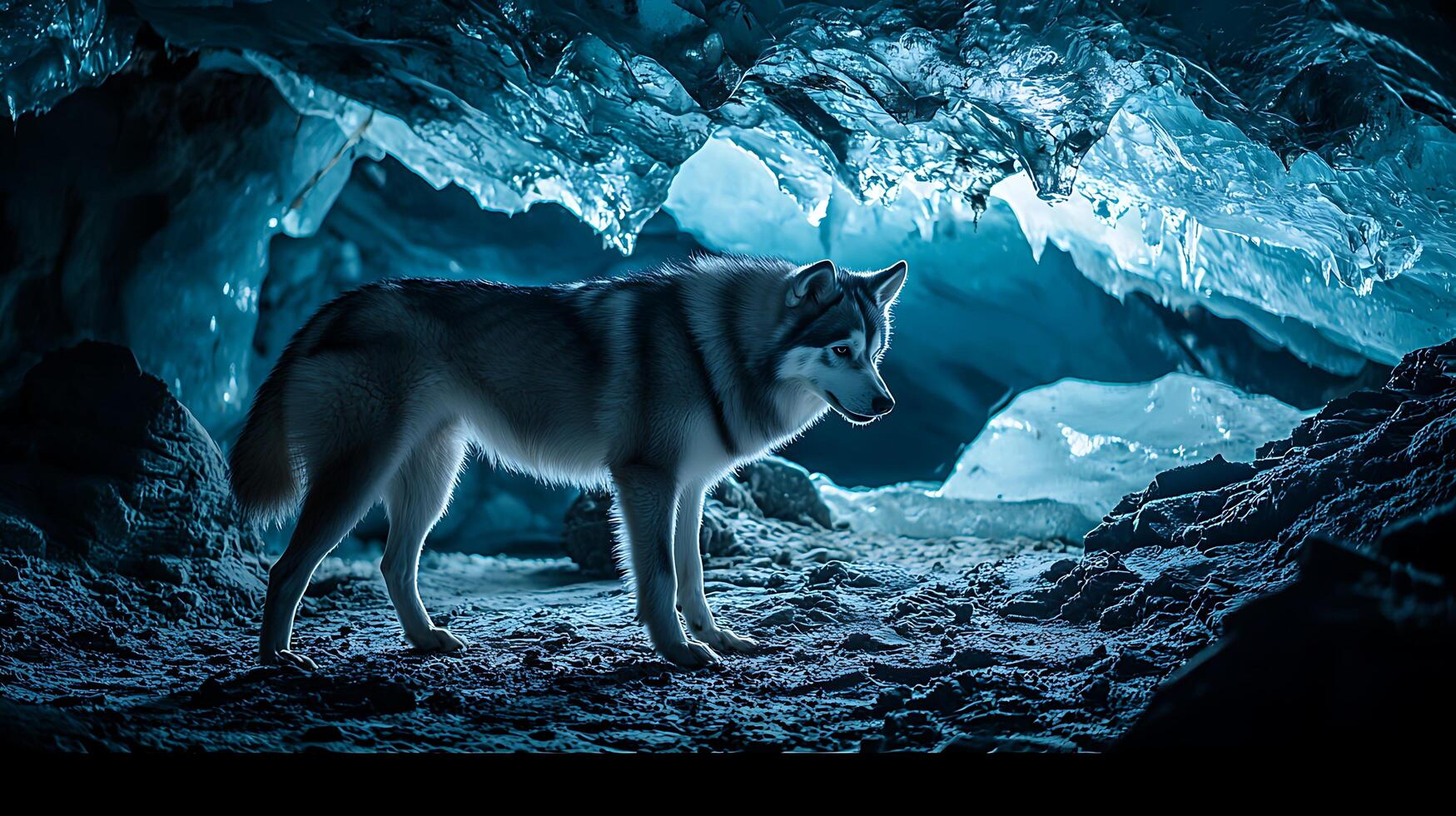 Majestic Wolf Explores an Enchanting Blue Ice Cave. photo