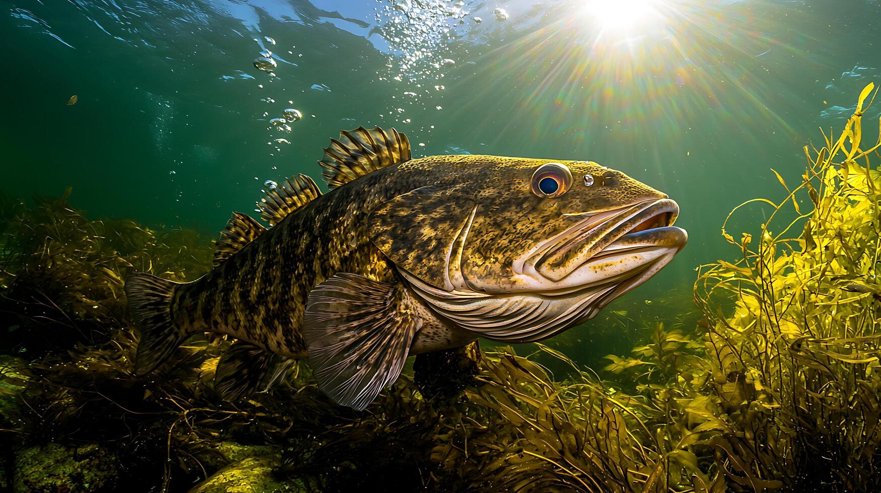 Stunning Underwater Shot of a Large Fish Swimming Through Kelp Forest Sunlight. photo