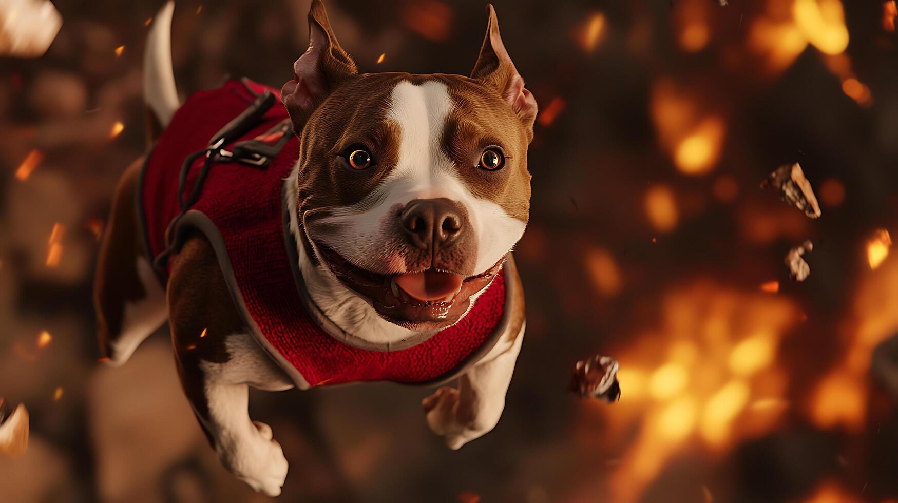 Energetic Pitbull Dog Leaping Through Fiery Background. photo