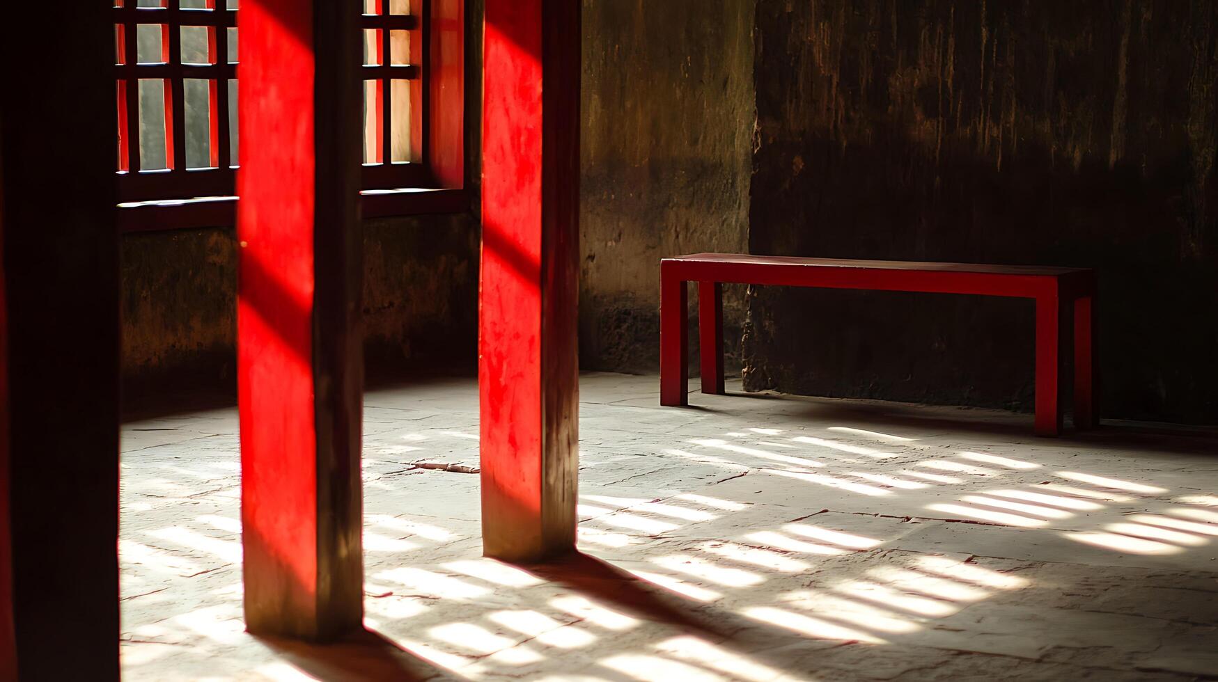 Red Pillars And Light Patterns In An Old Room. photo