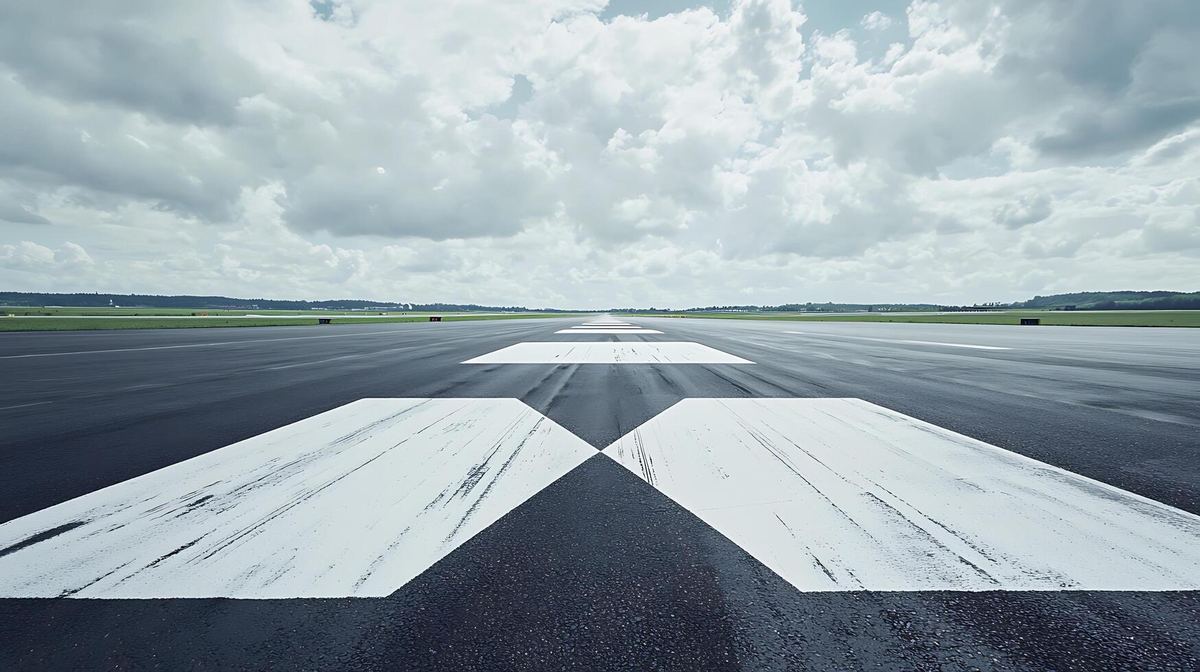Runway markings guide planes to take off under dramatic cloudy skies. photo
