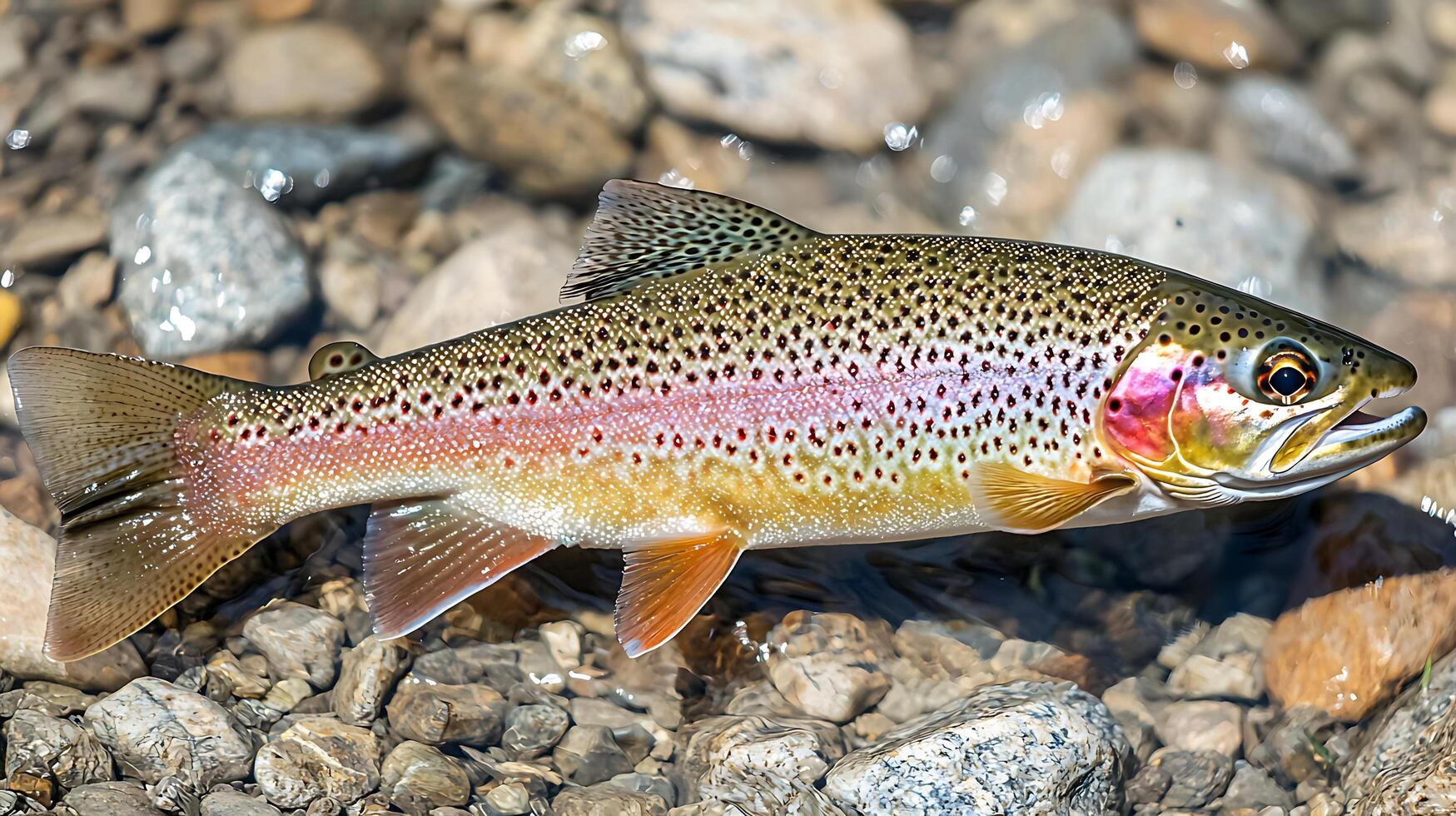 Majestic rainbow trout swimming in clear stream water over pebbles. photo