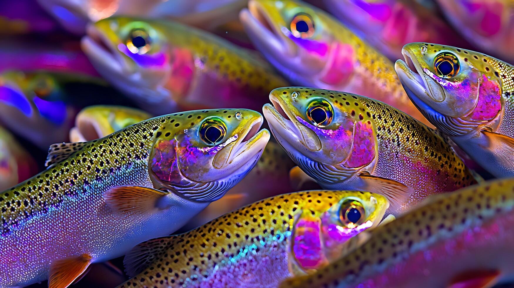 A Close Up View of Vibrant Rainbow Trout in Deep Blue Water. photo