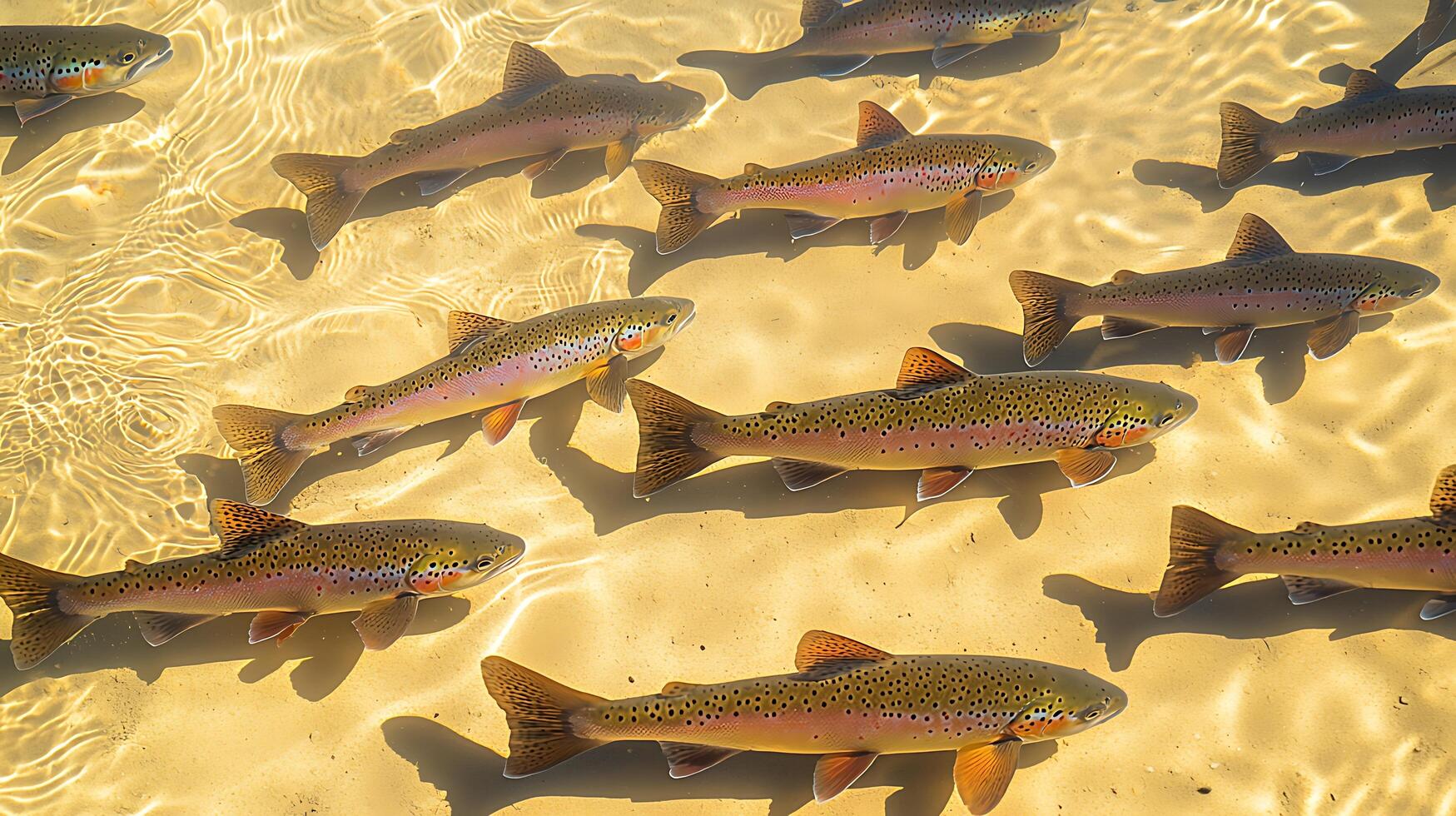 School of Rainbow Trout Swimming in Shallow Clear Water Over Sandy Bottom. photo