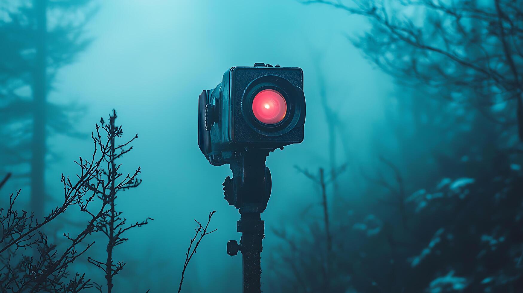Mysterious Camera with Red Eye Watches in Foggy Forest Landscape. photo