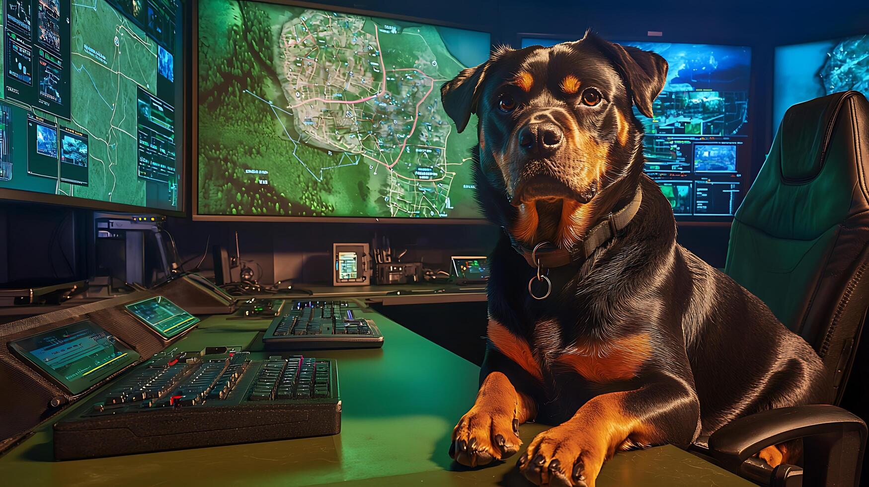 Rottweiler guard dog watches over control room displays. photo