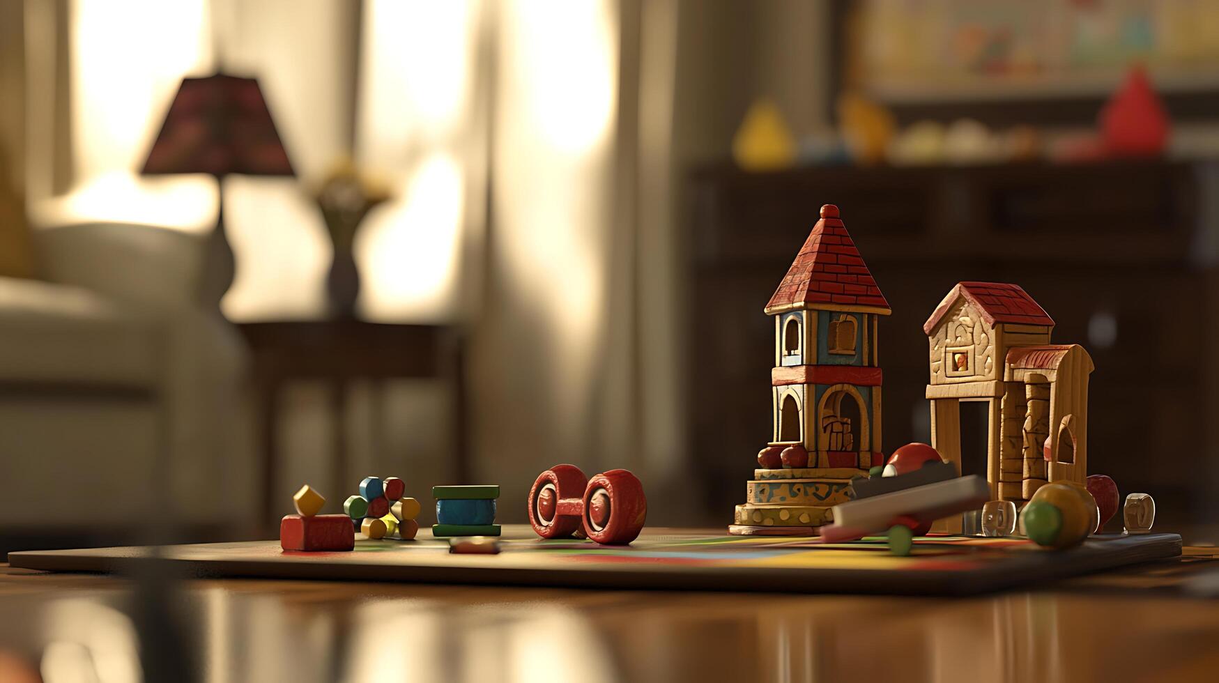 Wooden building blocks create a charming castle scene on a table. photo