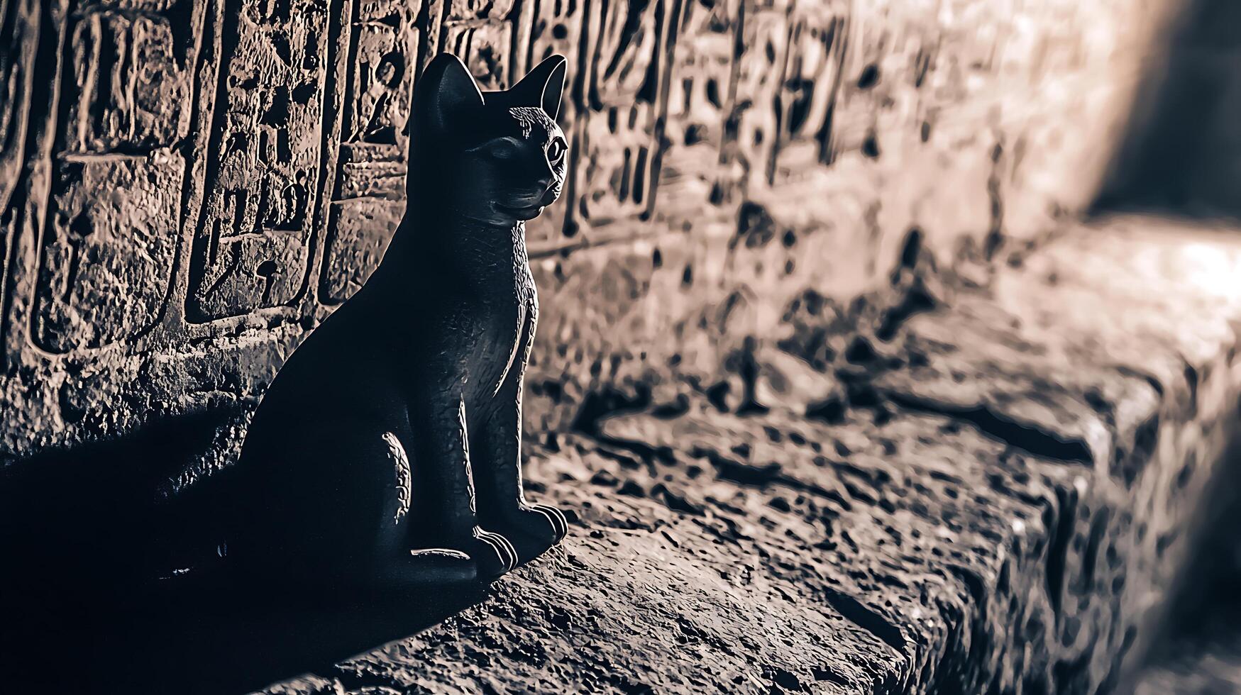 Ancient Egyptian Cat Sculpture Illuminated Against Hieroglyphic Wall. photo