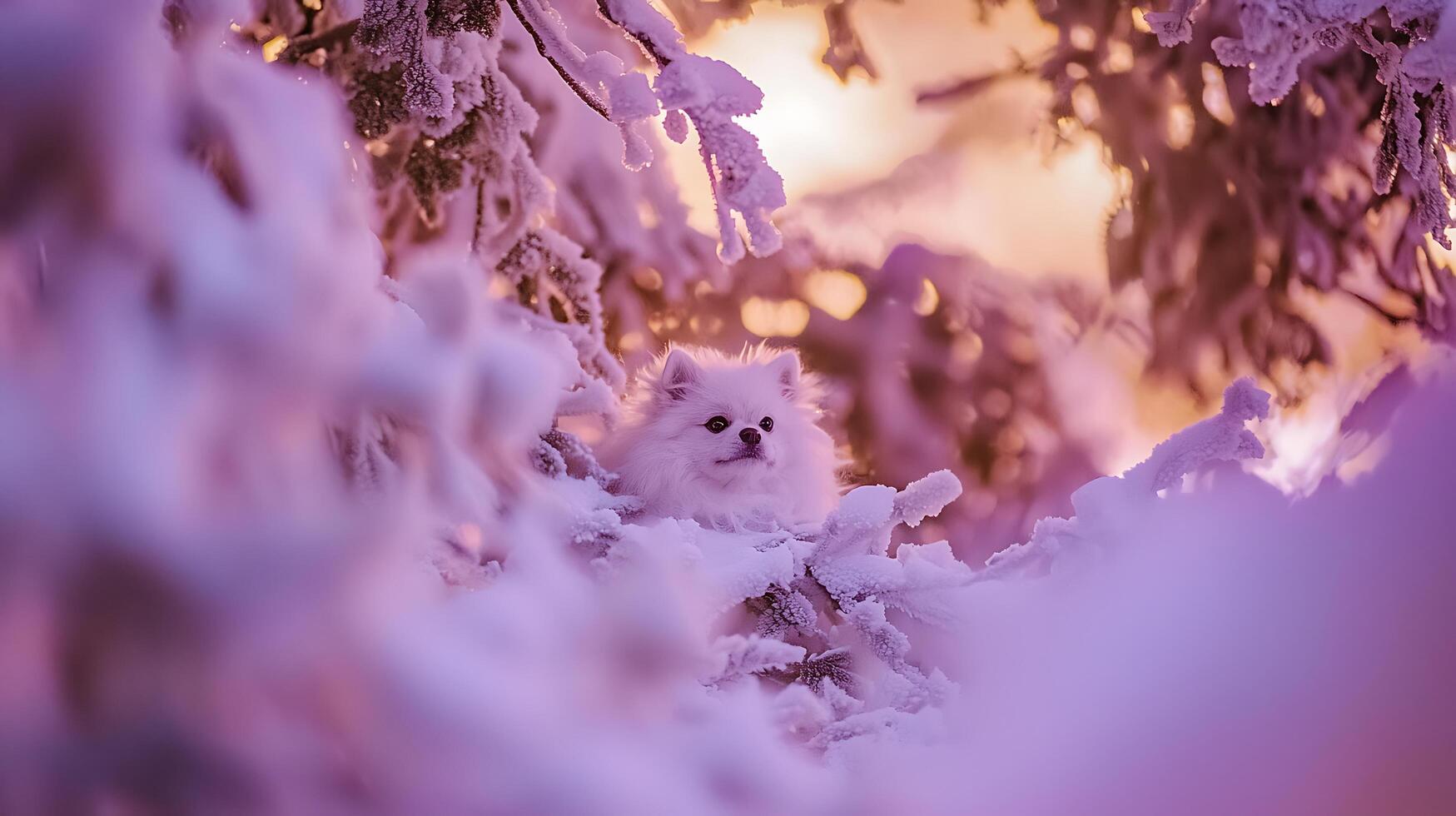 Adorable fluffy dog peeking through frosty branches in soft winter light. photo