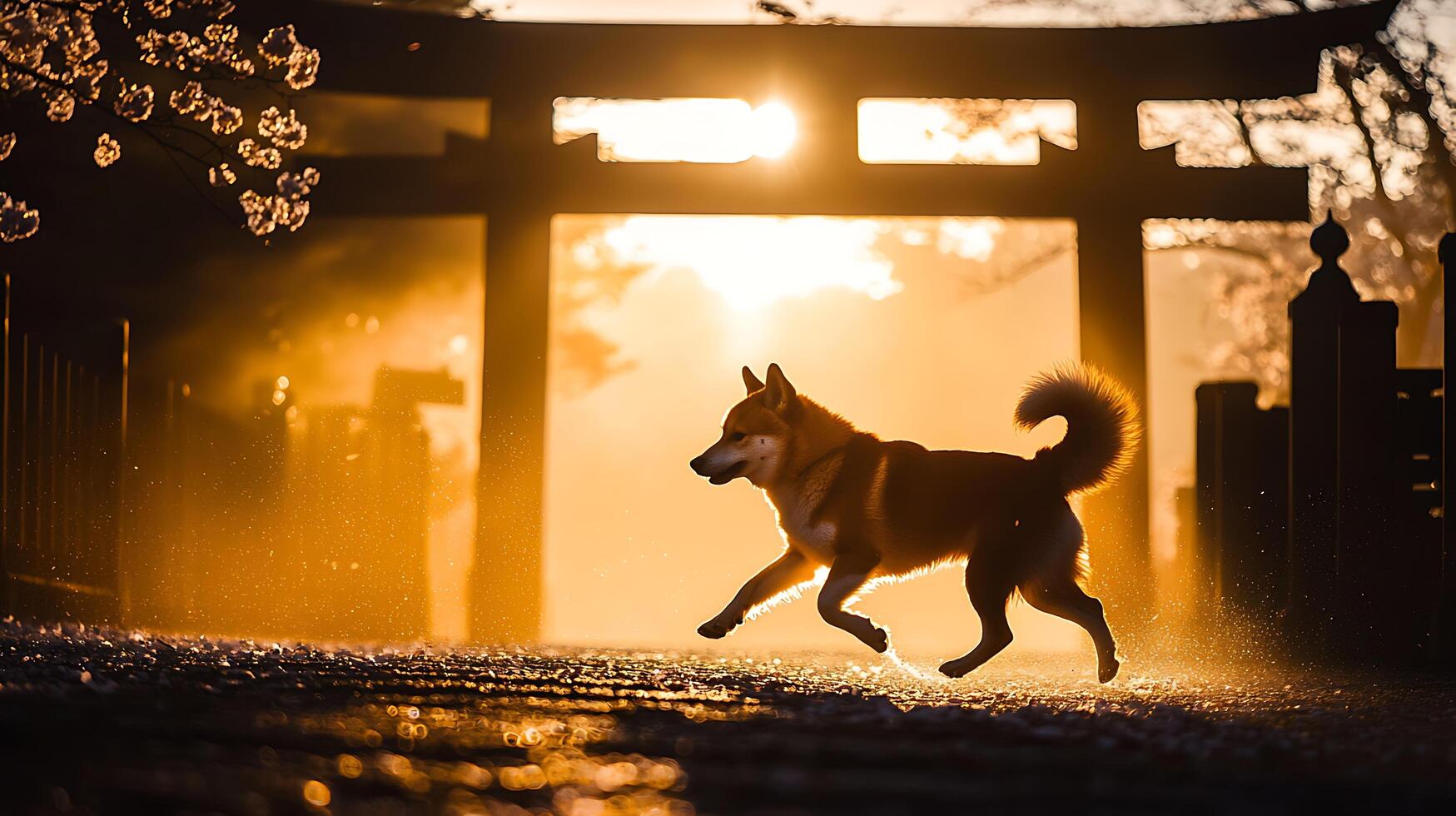 Joyful Shiba Inu Runs Through Golden Sunrise Mist by Torii Gate. photo