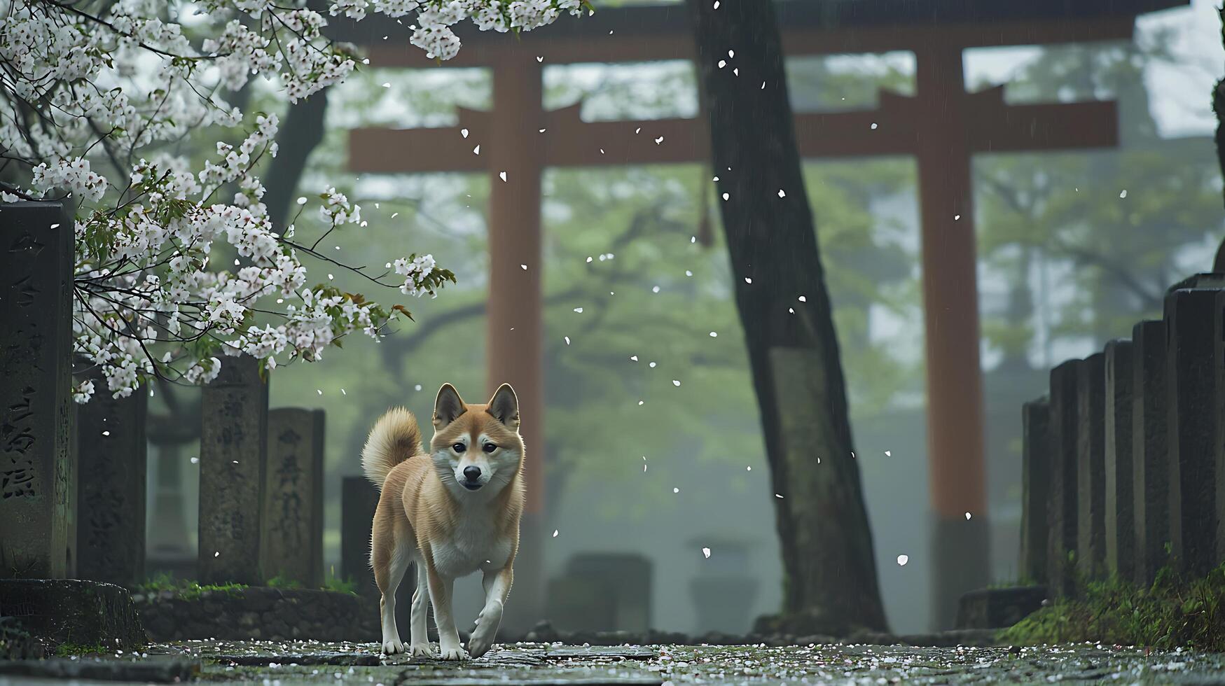 Adorable Shiba Inu walks through falling cherry blossoms near a shrine. photo