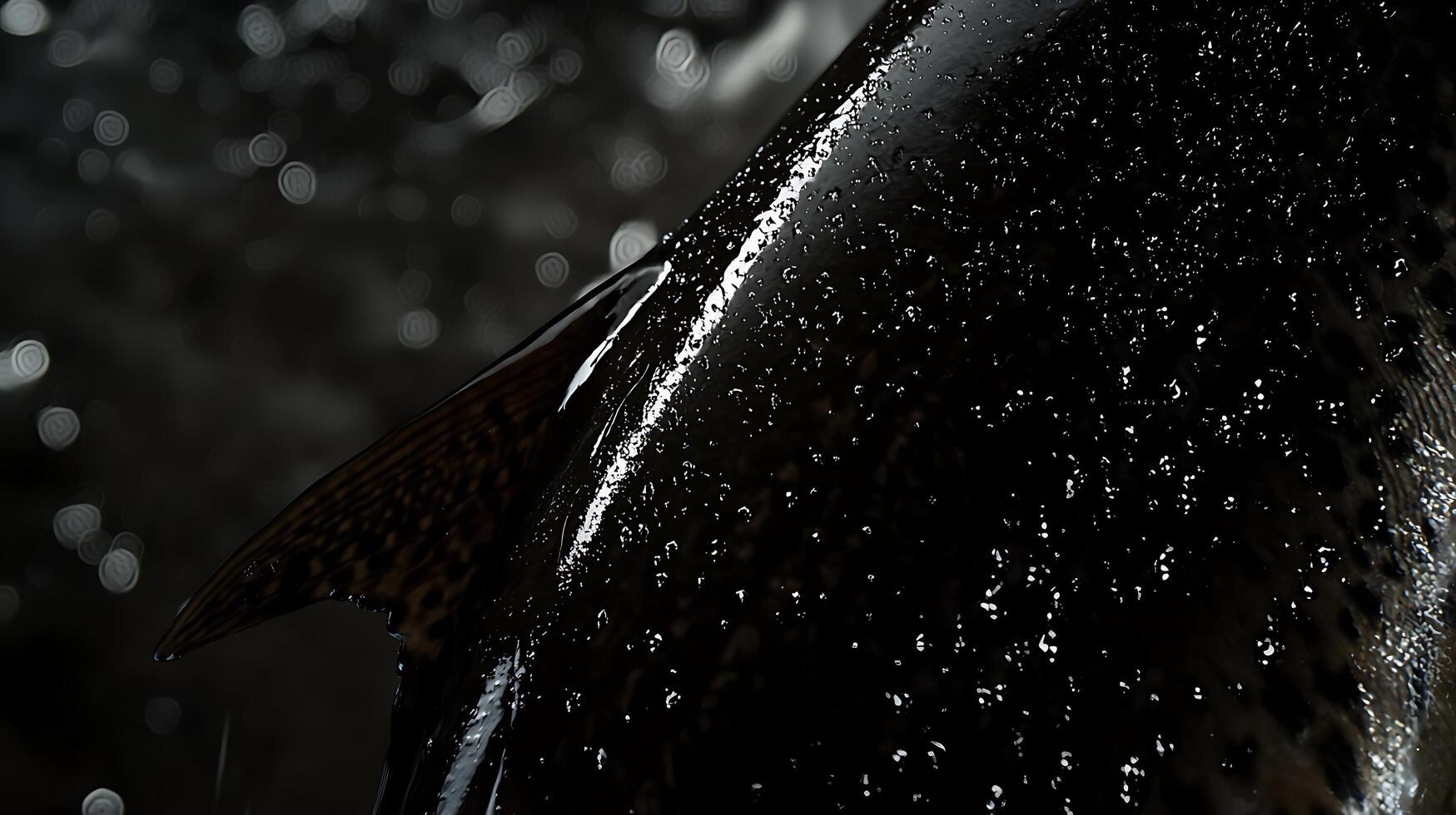 Close up of a fish tail with water droplets and bokeh lights. photo