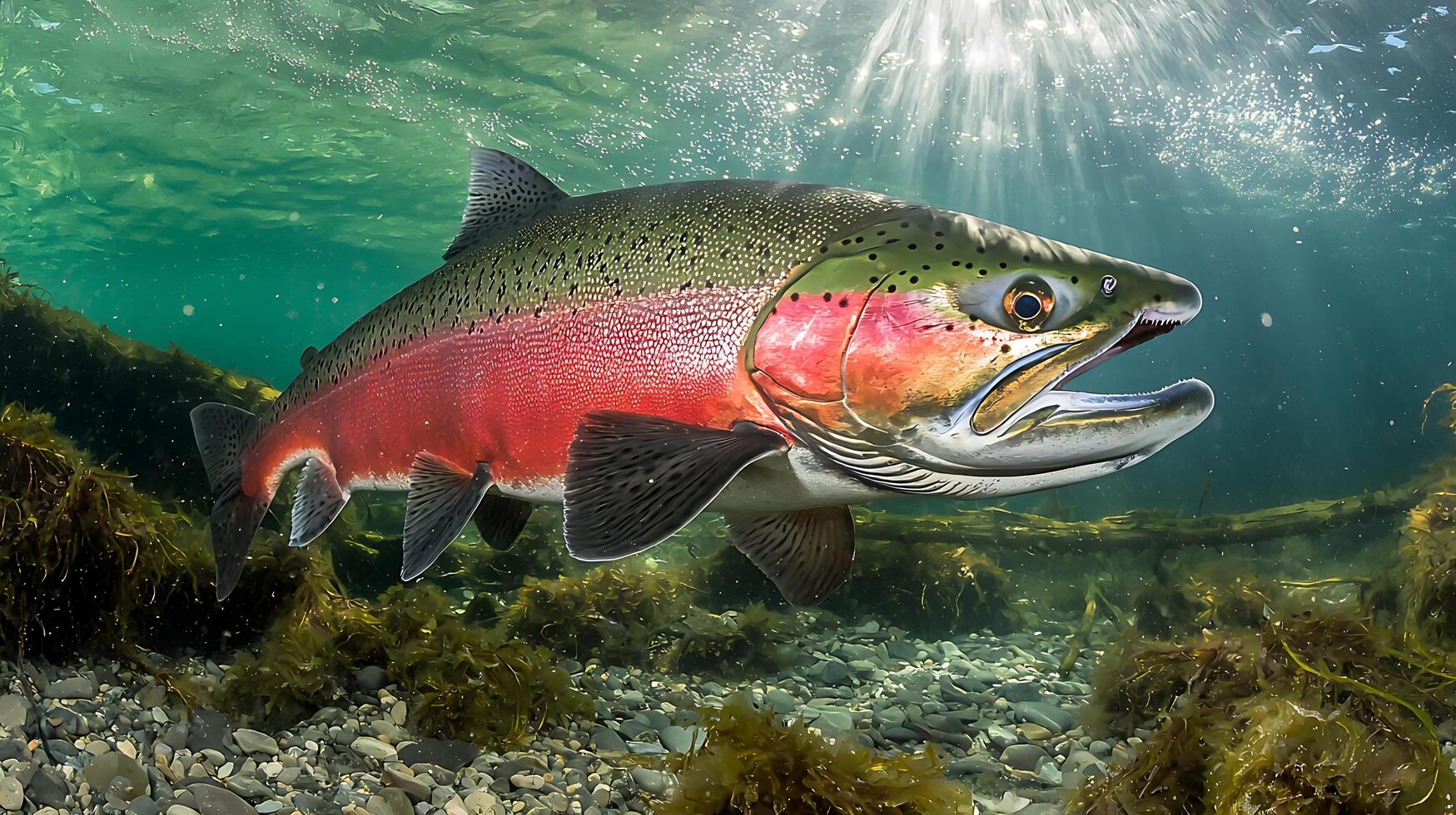 Majestic Rainbow Trout Swims Through Sunlit Underwater Forest. photo
