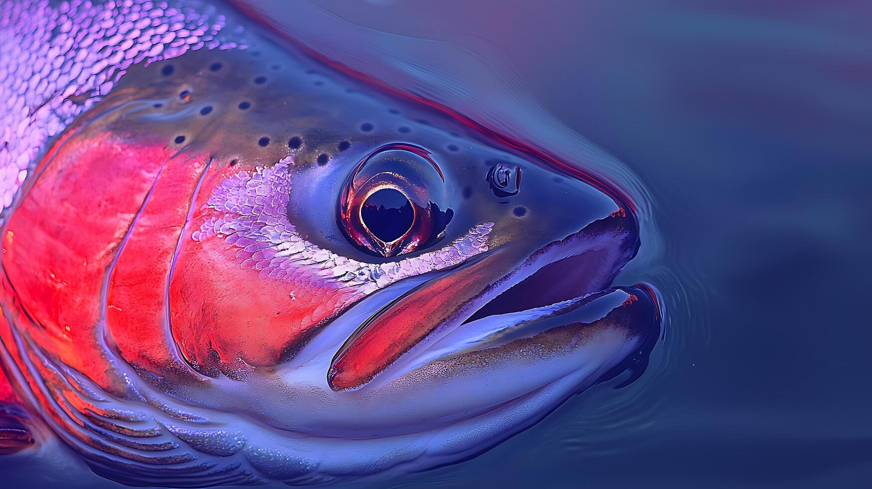 Vibrant Rainbow Trout Emerges from Deep Blue Water Close Up. photo