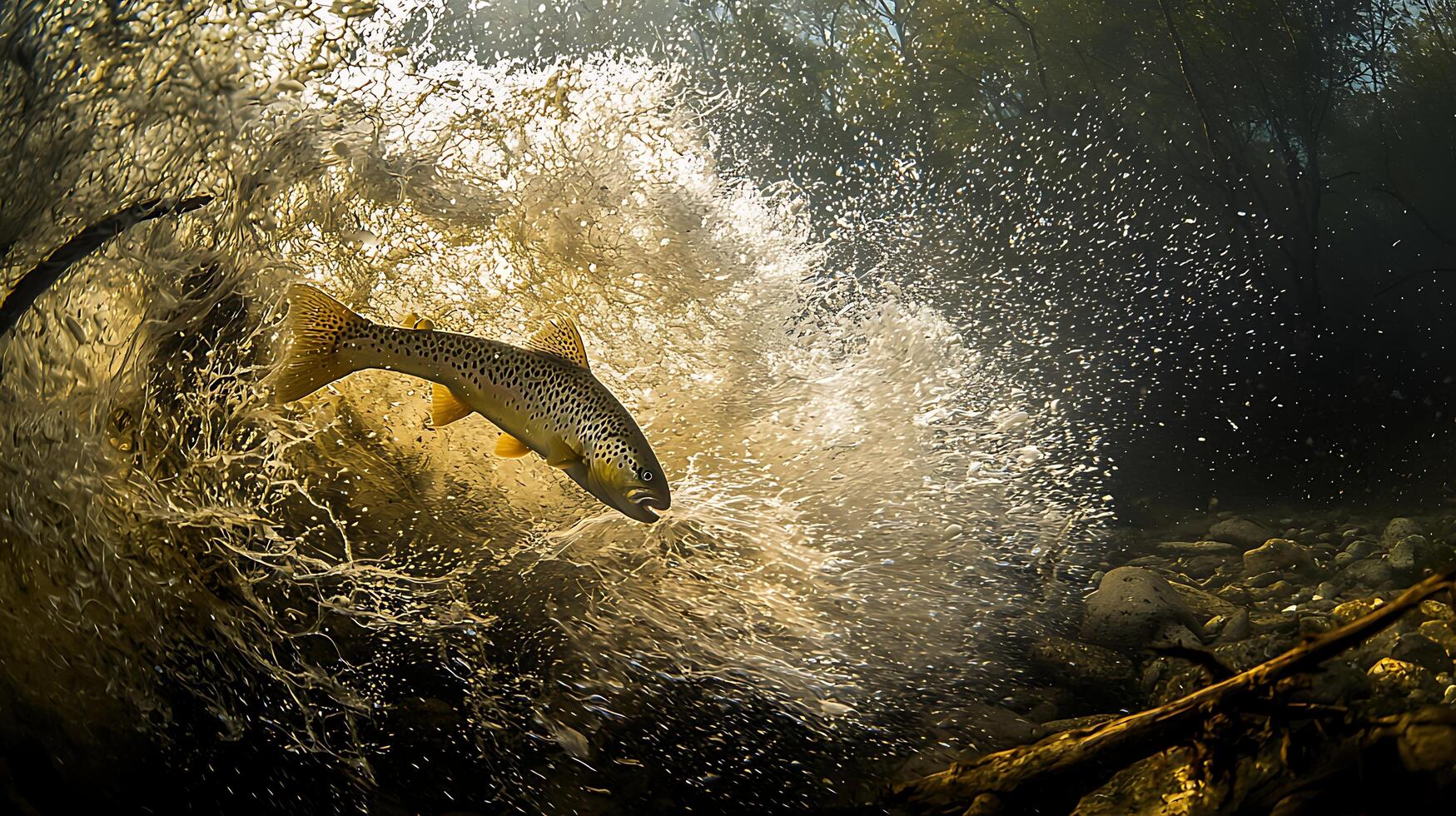 Majestic Trout Navigates Dynamic Underwater Current in Sunlight. photo