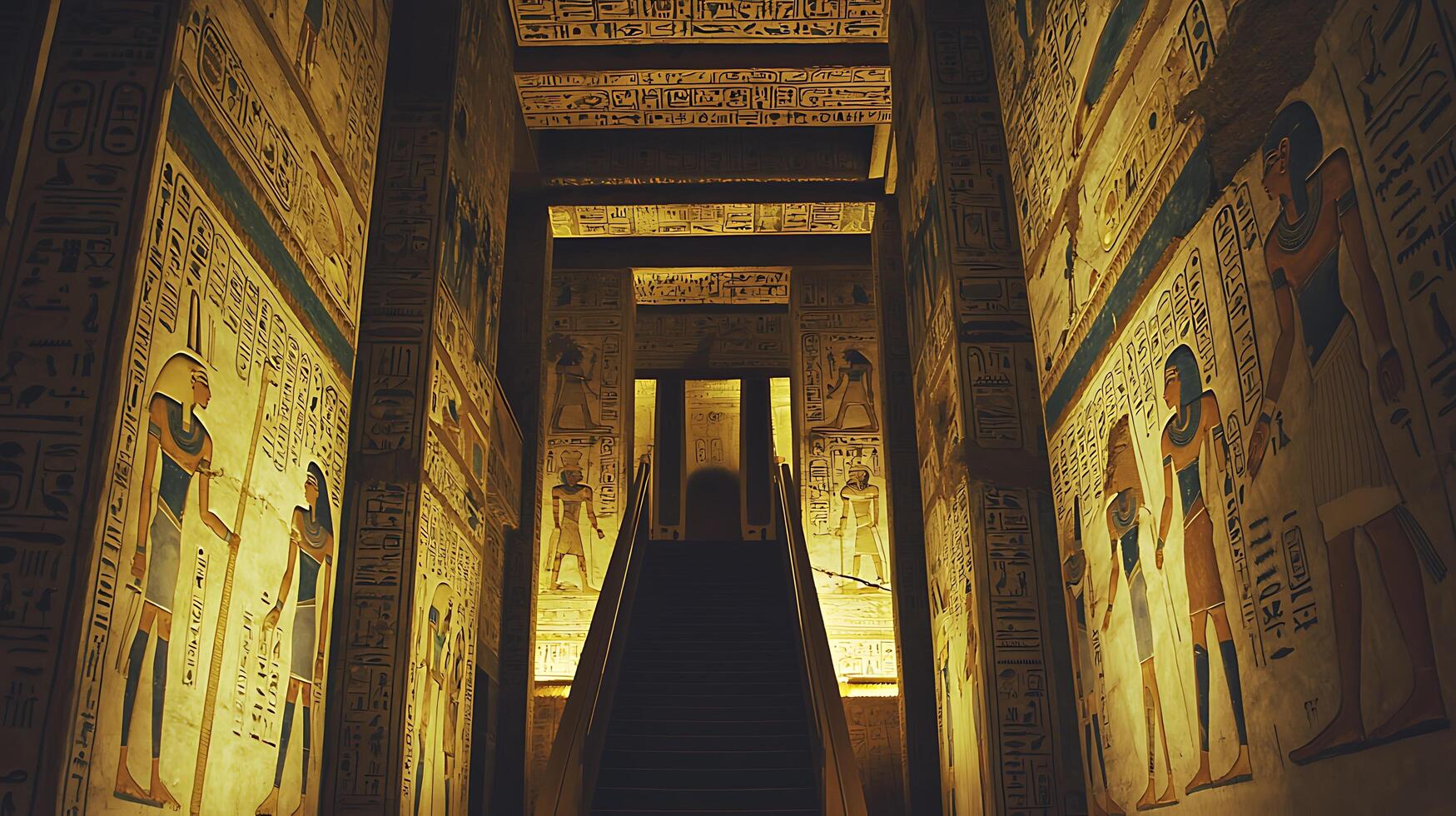 Ancient Egyptian Hieroglyphs and Figures Inside a Temple Passage. photo