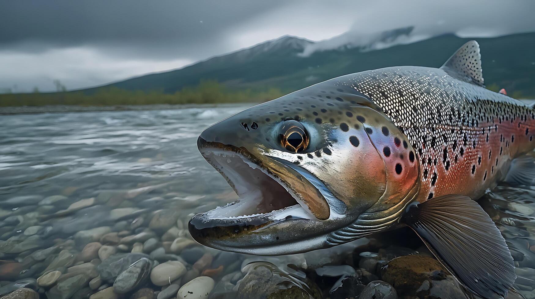 Close up of a rainbow trout emerging from a rocky river with mountains. photo