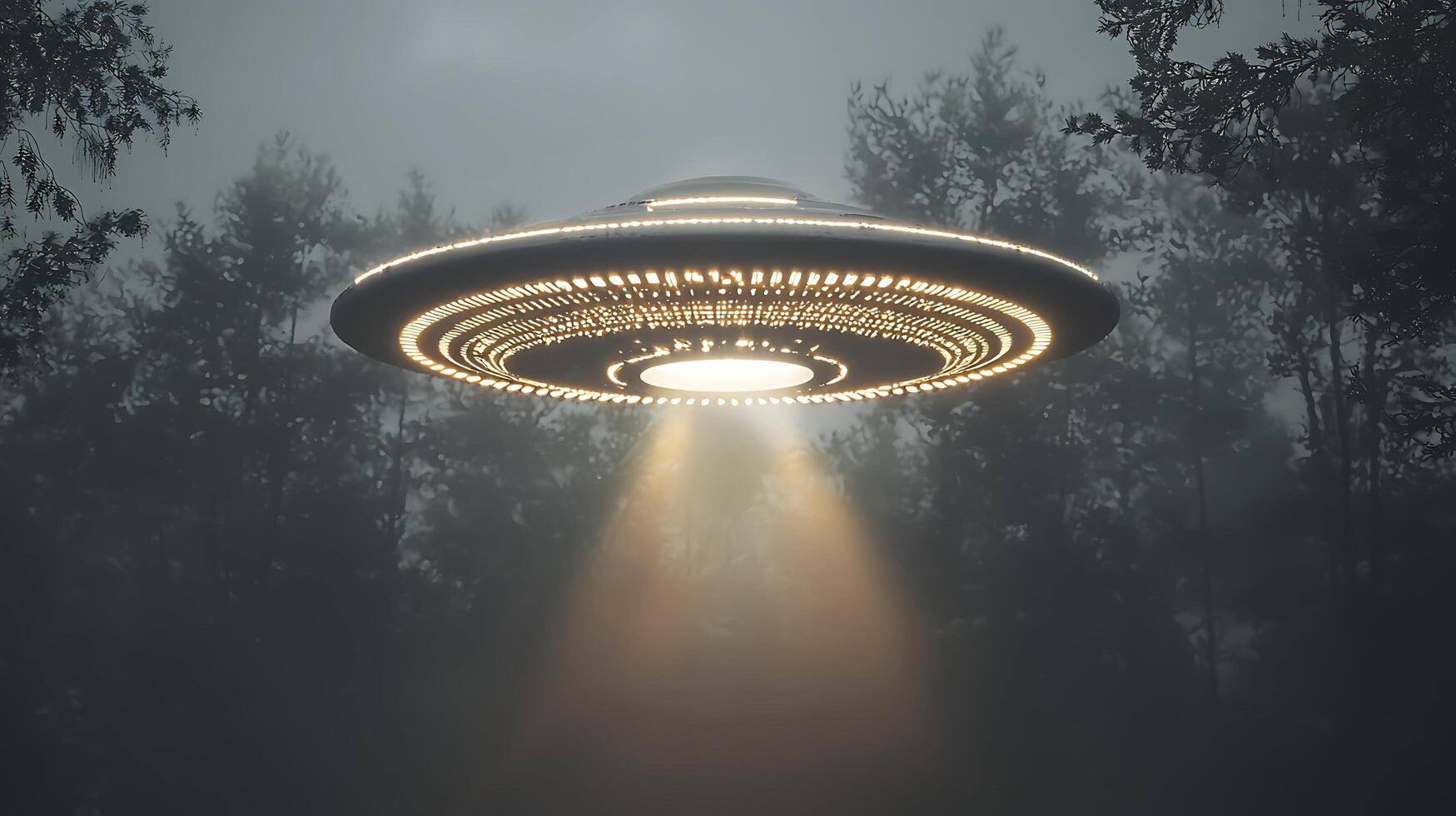 Mysterious Alien Spaceship Descends Through Foggy Forest With Glowing Beam. photo