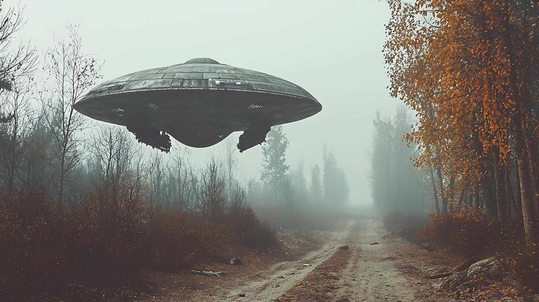 Unidentified flying object hovers over a foggy autumn forest road. photo
