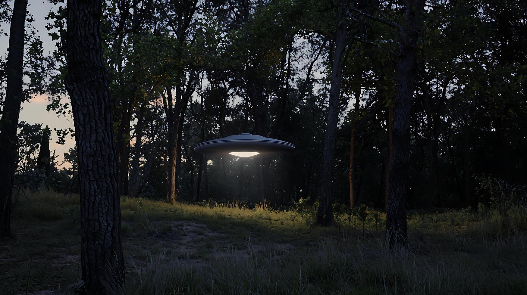 Unidentified flying object lands in a dark forest at dusk. photo