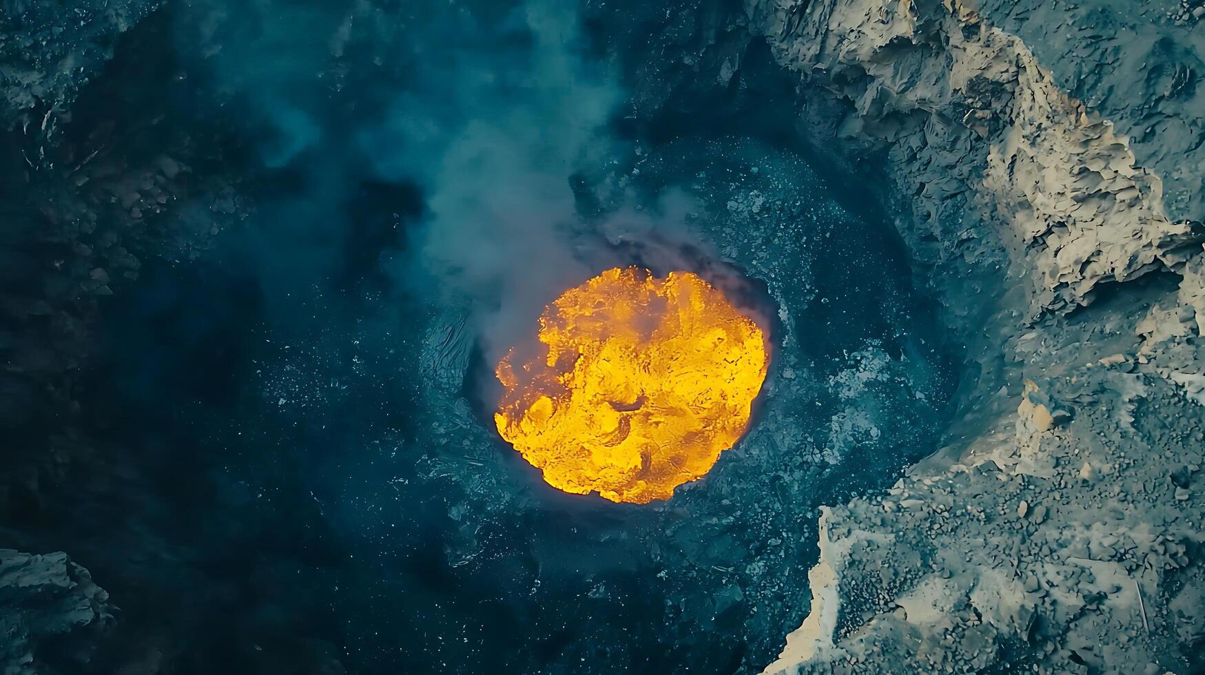 Fiery Volcano Crater with Lava Glow and Smoke Clouds. photo